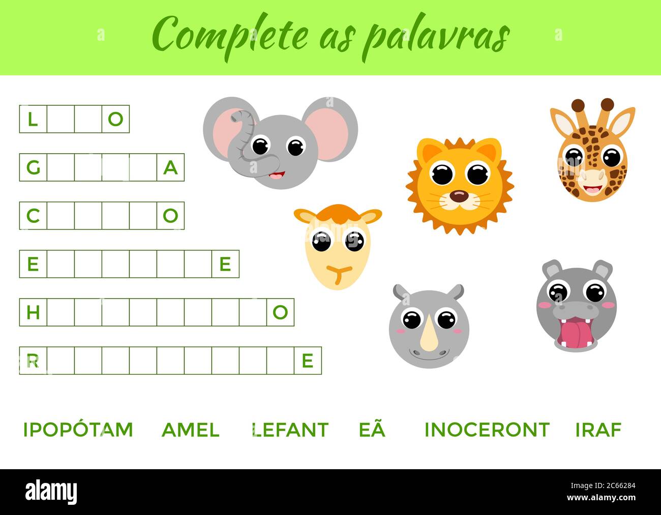 Vervollständigen Sie als palavras - Vervollständigen Sie die Wörter, schreiben fehlende Buchstaben. Passende pädagogische Spiel für Kinder mit niedlichen Tieren. Seite „Bildungsaktivitäten“ Stock Vektor