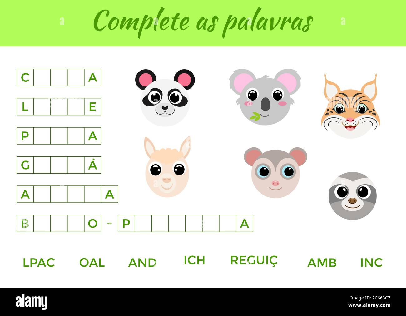 Vervollständigen Sie als palavras - Vervollständigen Sie die Wörter, schreiben fehlende Buchstaben. Passende pädagogische Spiel für Kinder mit niedlichen Tieren. Seite „Bildungsaktivitäten“ Stock Vektor
