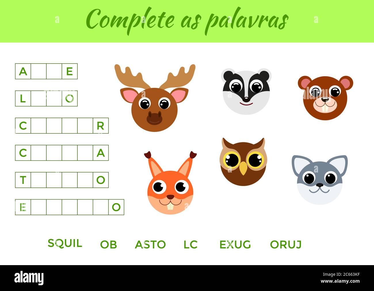 Vervollständigen Sie als palavras - Vervollständigen Sie die Wörter, schreiben fehlende Buchstaben. Passende pädagogische Spiel für Kinder mit niedlichen Tieren. Seite „Bildungsaktivitäten“ Stock Vektor