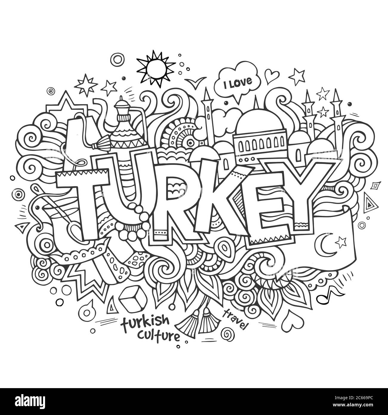 Türkei Hand Schriftzug und kritzeln Elemente Hintergrund Stock Vektor