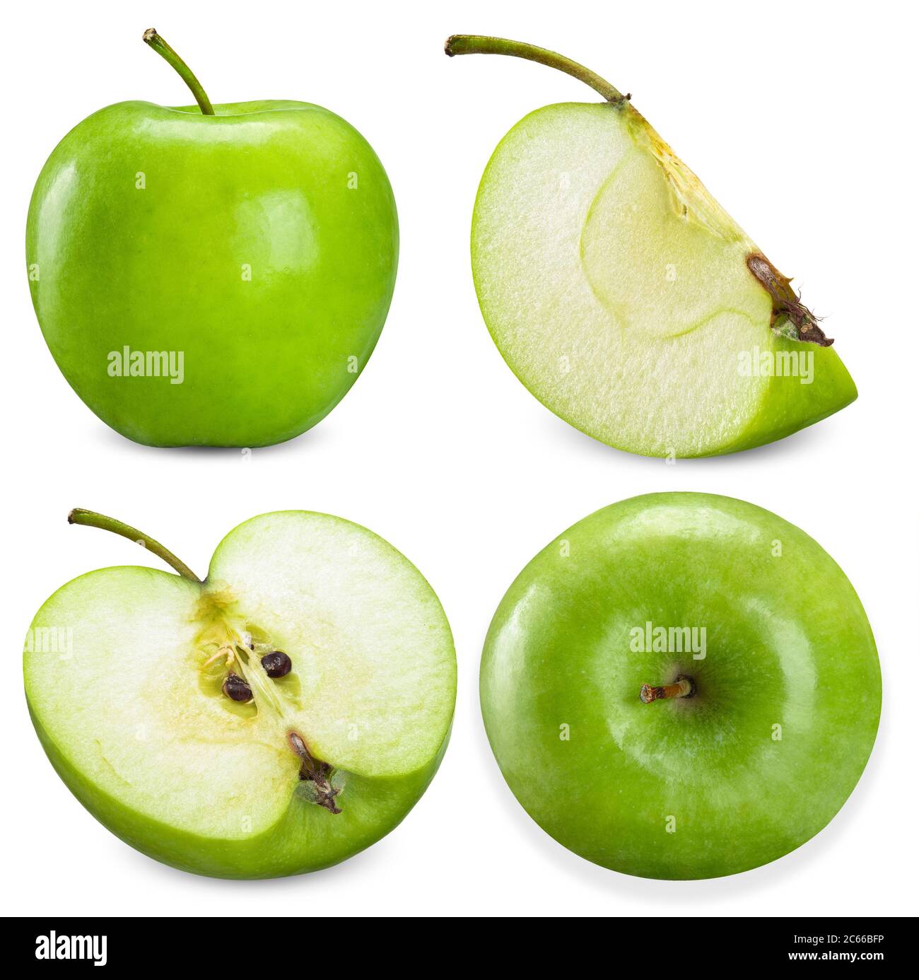 Grüner Apfel und halbisoliert auf weißem Hintergrund schneiden Stockfoto