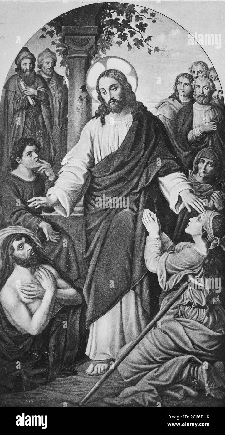 Der göttliche Arzt, Jesus Christus heilt die Kranken, Altarbild in einer Kapelle in Bayern, Deutschland / der göttliche Arzt, Jesus Christus heilt die Kranken, Altarbild in einer Kapelle in Bayern, Deutschland, Historisch, historisch, Digitale verbesserte Reproduktion eines Originals aus dem 19. Jahrhundert / digitale Reproduktion einer Originalvorlage aus dem 19. Jahrhundert Stockfoto