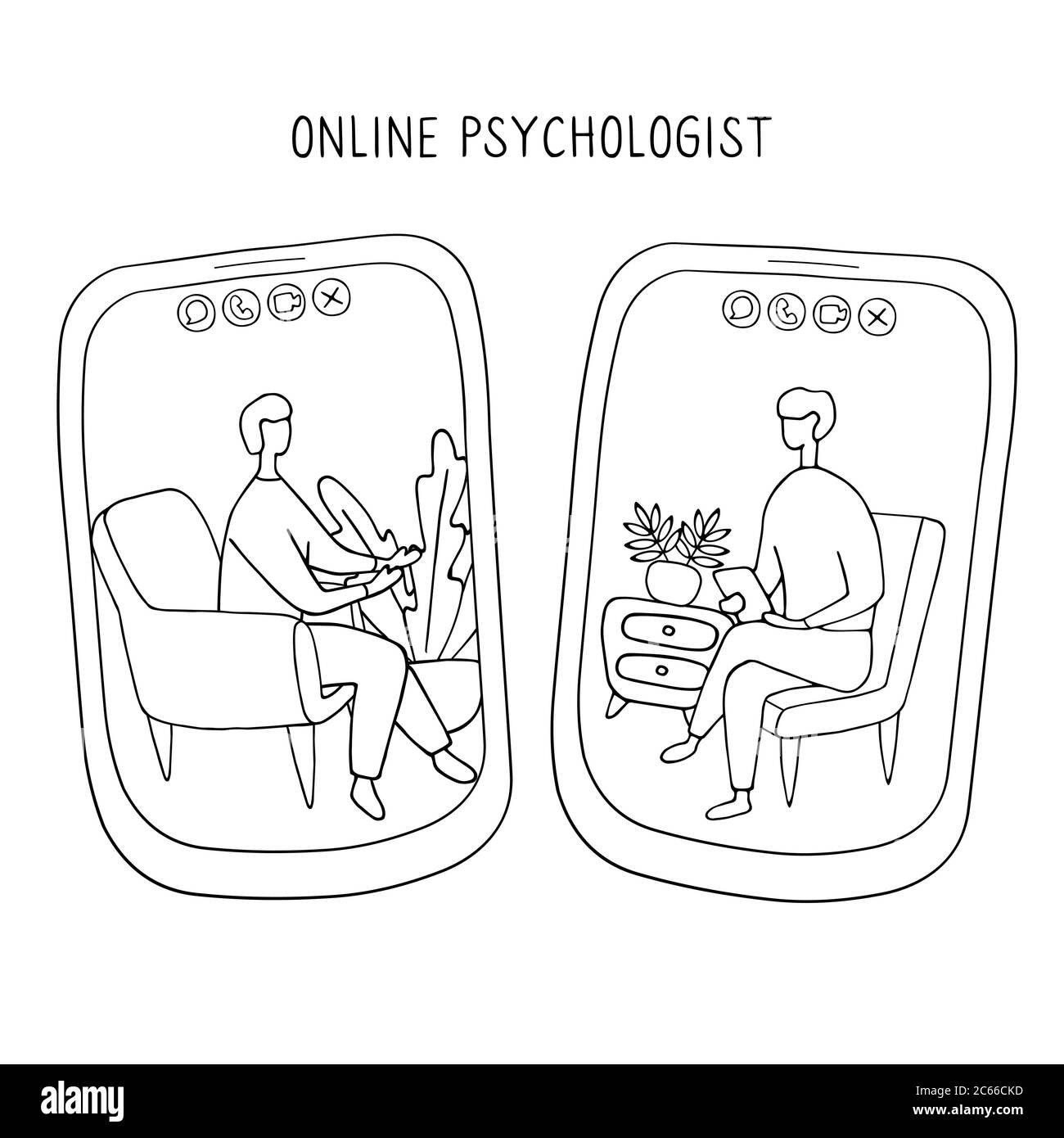 Arzt und Patient kommunizieren per Videoanruf. Online Psychiater Konzept. Zwei Menschen auf Bildschirmen von Smartphones sprechen miteinander. Von Hand gezeichnet Stock Vektor