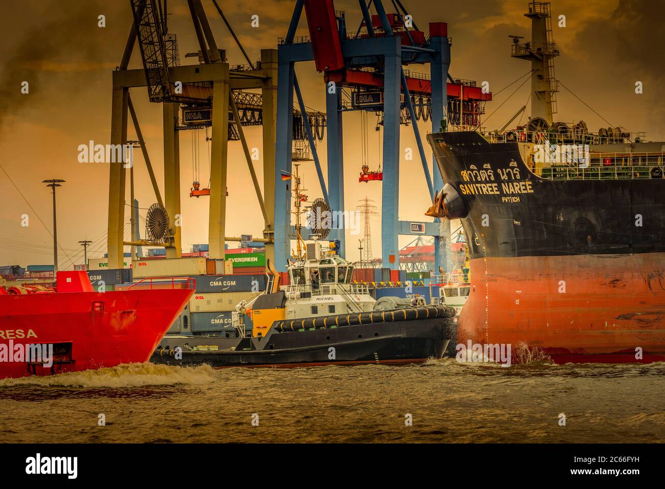 Deutschland, Hamburg, Övelgönne, Elbe, Hafen, Containerterminal, HHLA (Hamburger Hafen und Logistik AG), Burchardkai Wharf, Containerschiff Stockfoto