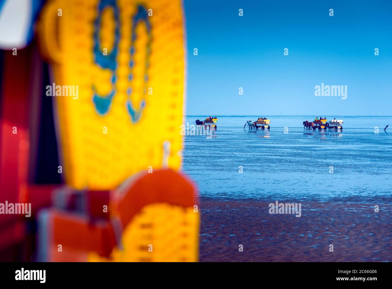 Deutschland, Niedersachsen, Cuxhaven, Neuwerk, Wattenmeer, Wattflächen, Pferdekutschen Stockfoto