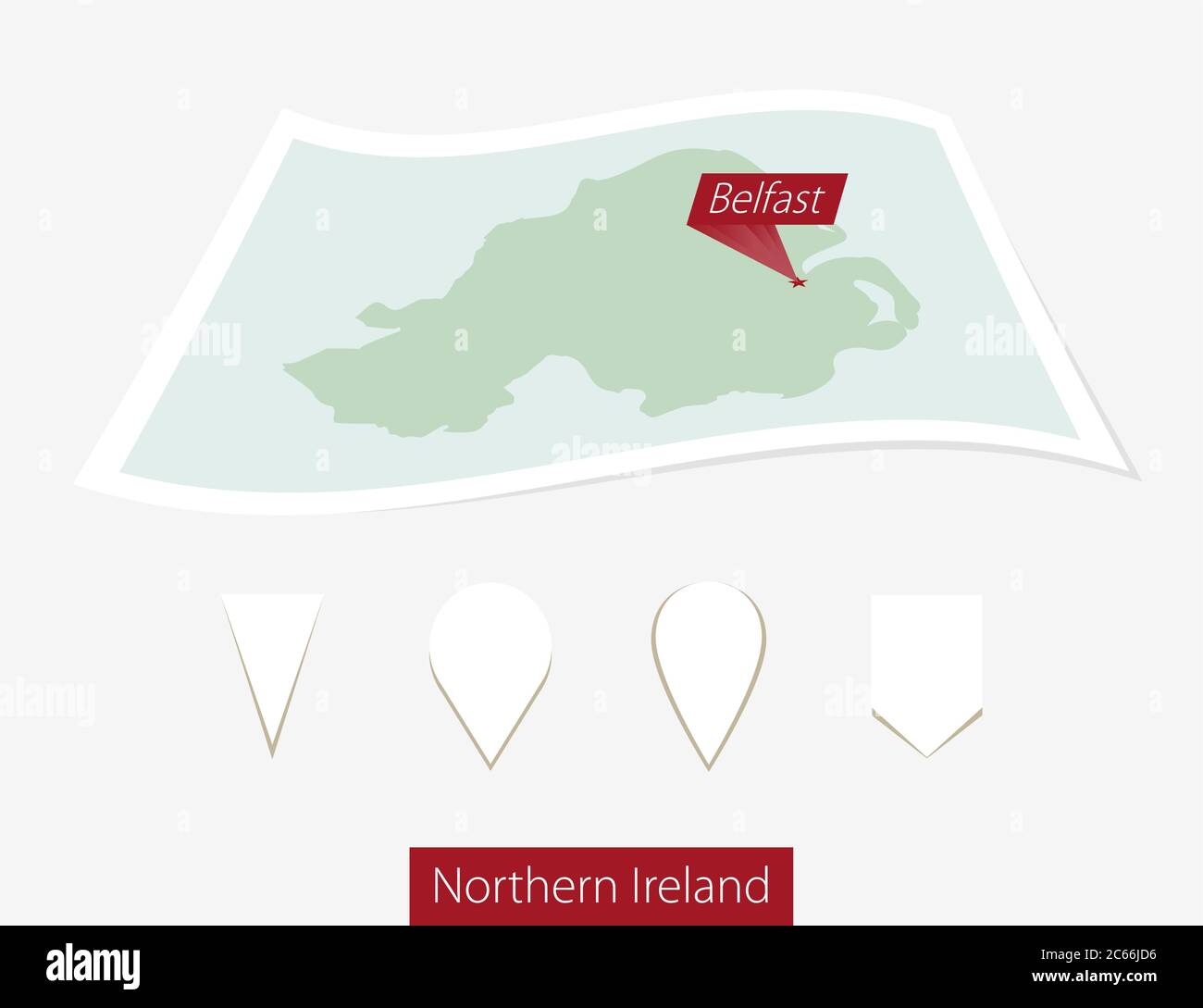 Gebogene Papierkarte von Nordirland mit Hauptstadt Belfast auf grauem Hintergrund. Vier verschiedene Kartenstiftaufsatz. Vektorgrafik. Stock Vektor