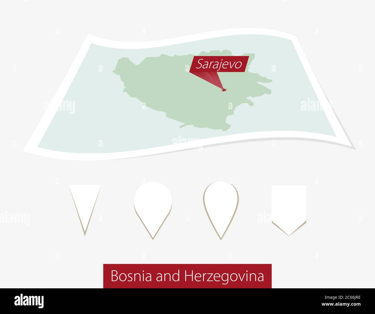 Gebogene Papierkarte von Bosnien und Herzegowina mit Hauptstadt Sarajevo auf grauem Hintergrund. Vier verschiedene Kartenstiftaufsatz. Vektorgrafik. Stock Vektor