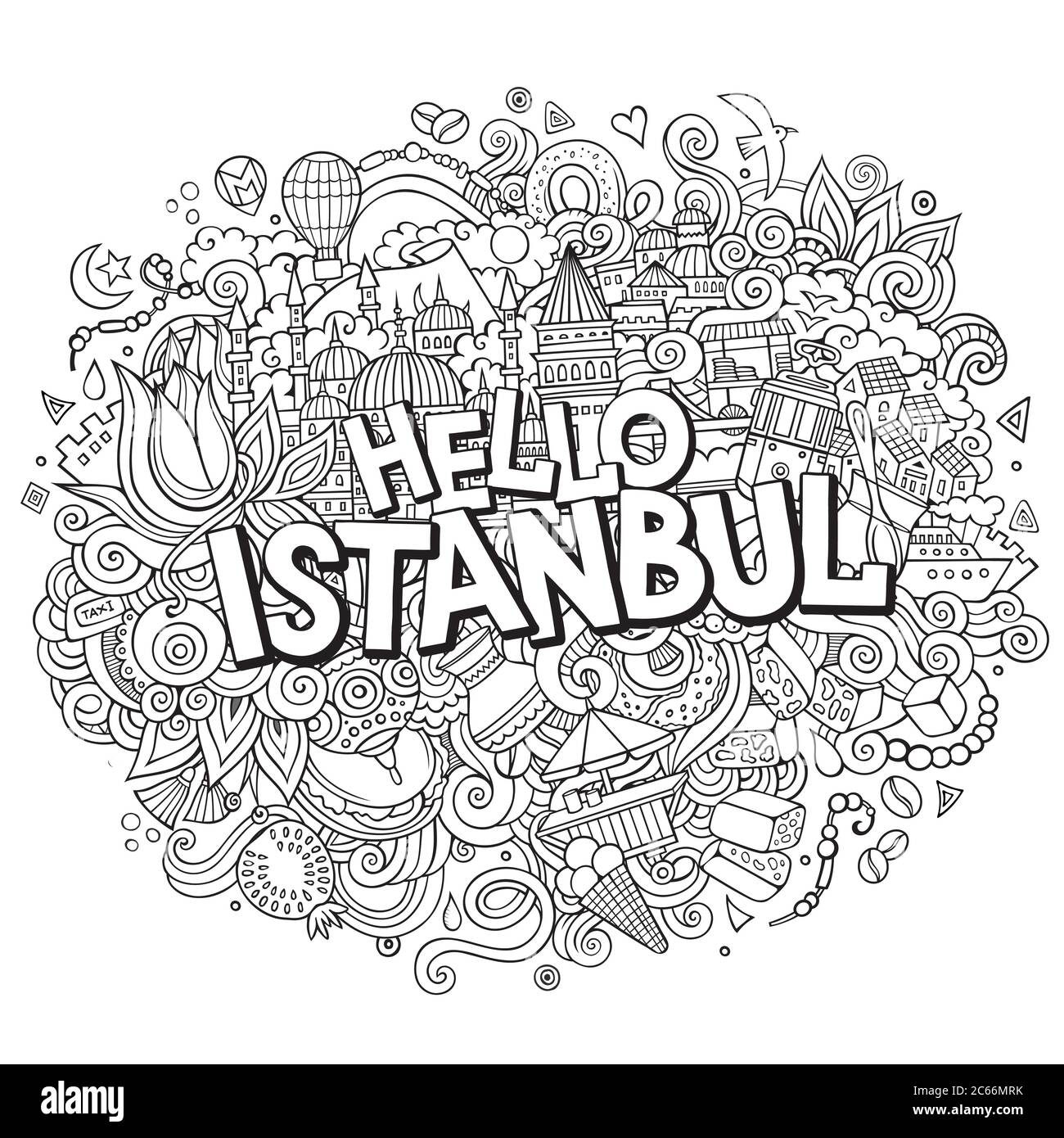 Cartoon niedlichen Kritzeleien Hand gezeichnet Hallo Istanbul Inschrift Stock Vektor