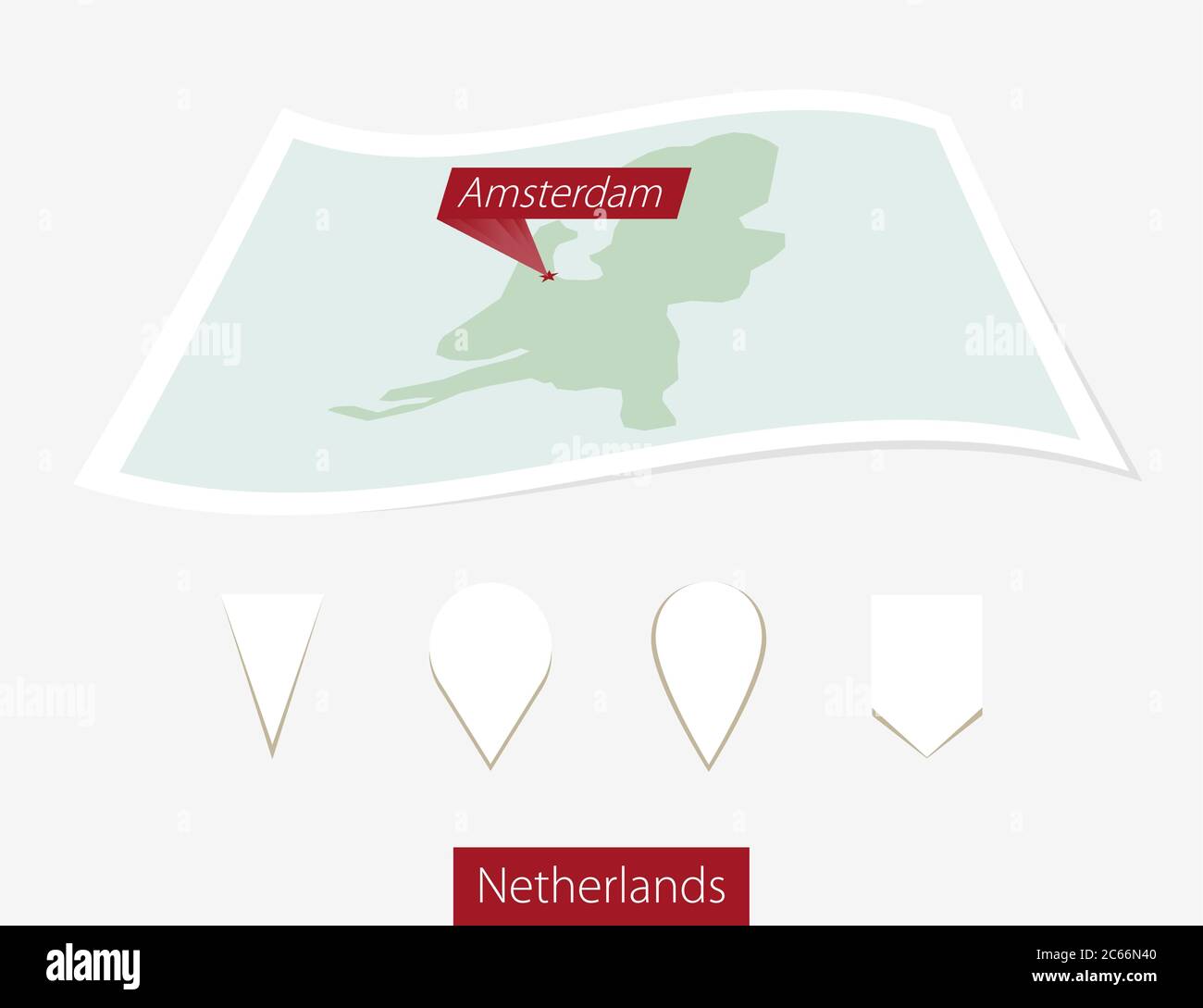 Gebogene Papierkarte der Niederlande mit Hauptstadt Amsterdam auf grauem Hintergrund. Vier verschiedene Kartenstiftaufsatz. Vektorgrafik. Stock Vektor