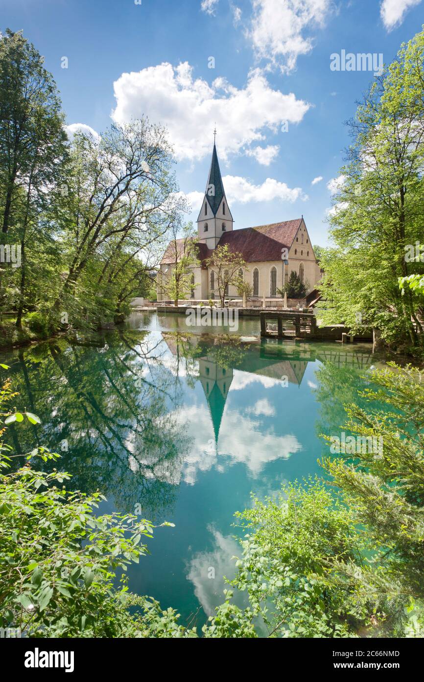 Abteikirche spiegelt sich in Blautopf, Blaubeuren, Schwäbische Alb, Baden-Württemberg, Deutschland Stockfoto