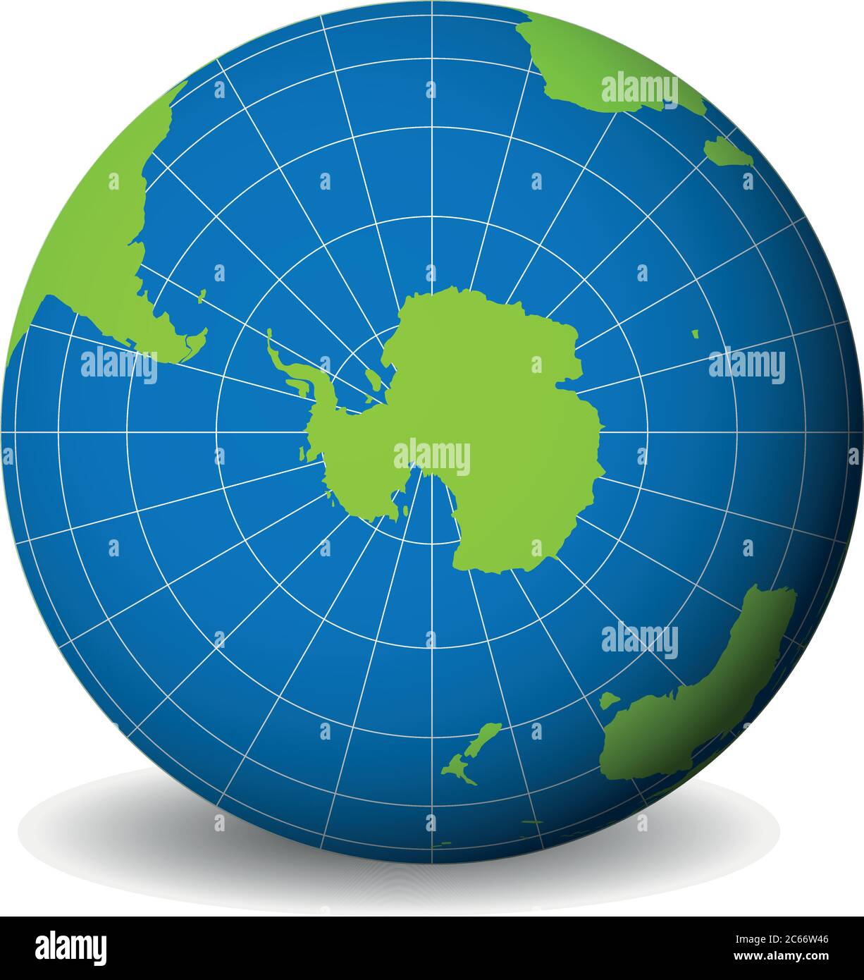 Erdkugel mit grüner Weltkarte und blauen Meeren und Ozeanen mit Südpol auf Antarktis fokussiert. Mit dünnen weißen Meridianen und Parallelen. 3D-Vektordarstellung. Stock Vektor