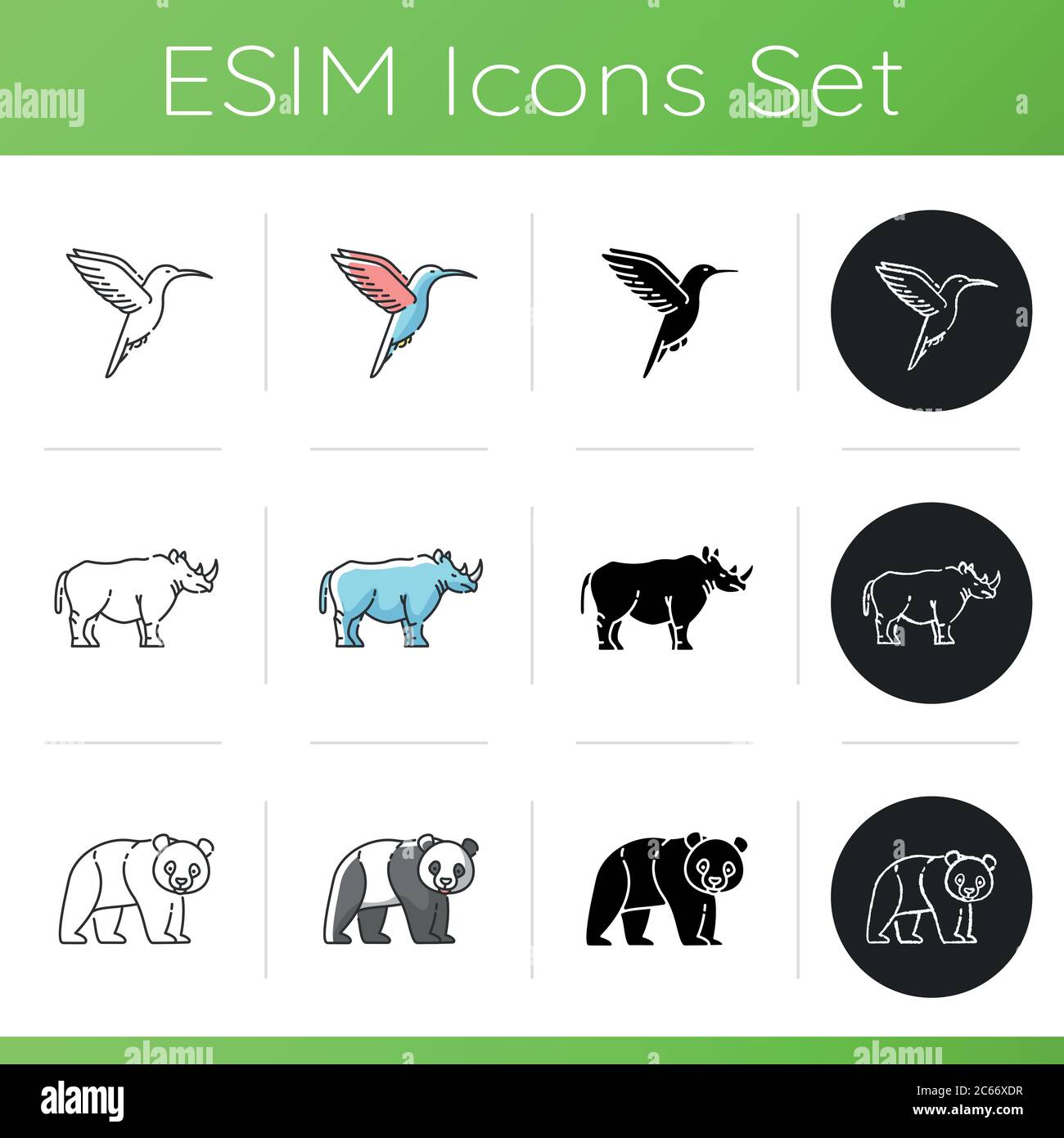 Symbole für Säugetiere und Vögel. Farbstile für Linear-, Schwarz- und RGB-Farben. Fliegende und Landtiere. Chinesischer Pandabär, afrikanisches Nashorn und südamerikanischer hu Stock Vektor