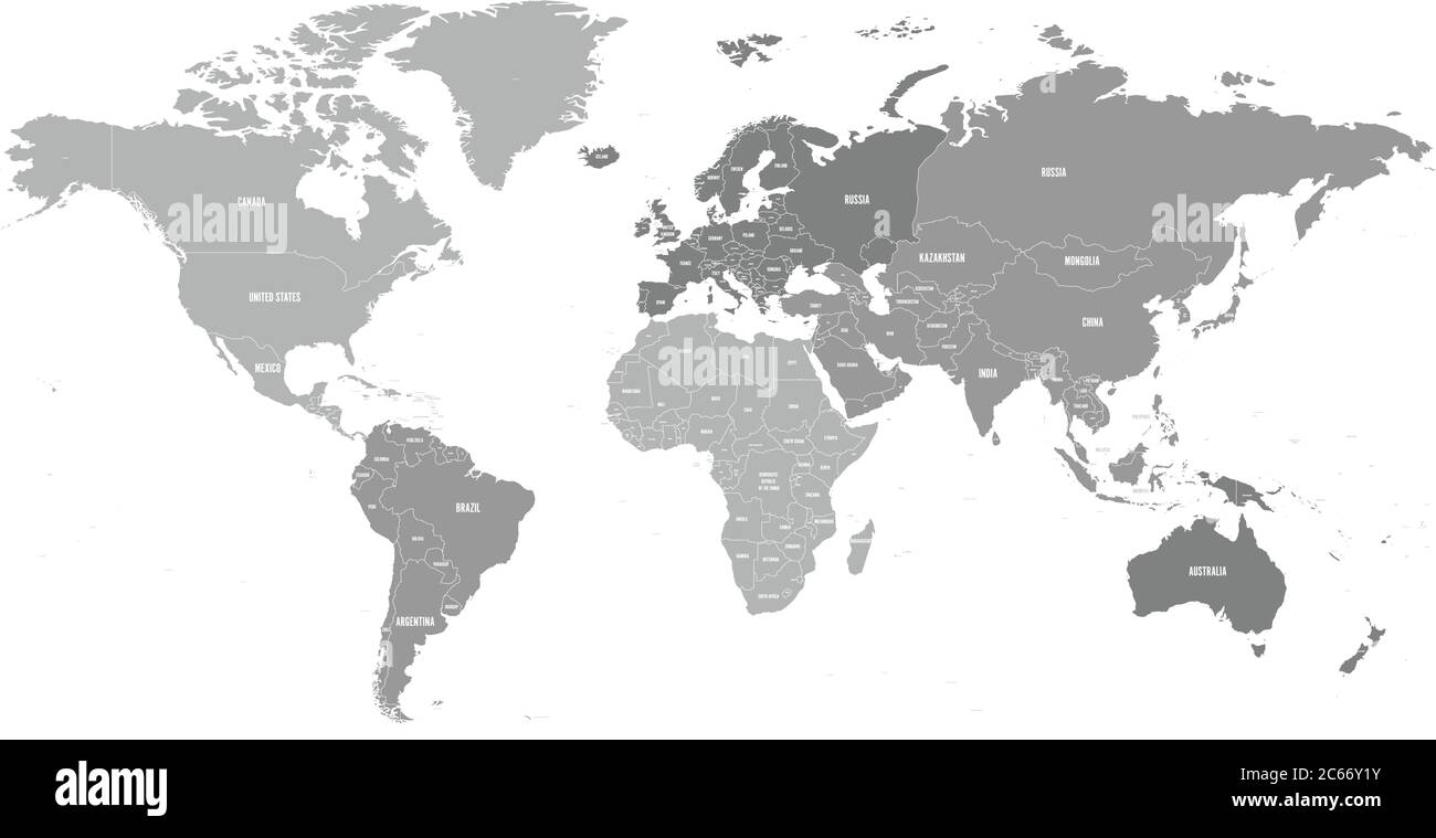 Weltkarte. Politische Karte unterteilt in sechs Kontinente - Nordamerika, Südamerika, Afrika, Europa, Asien und Australien. Vektorgrafik in Grautönen mit Ländernamen-Etiketten. Stock Vektor