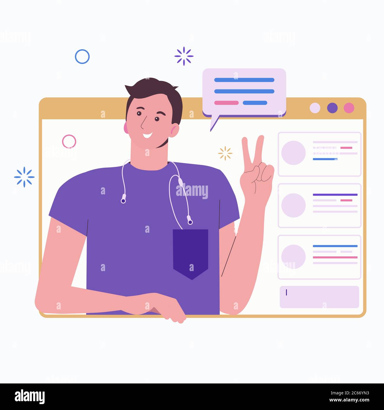 Video-Player-Fenster mit sprechenden Kerl und Blase Reden Nachrichten auf dem Desktop. Vektor flache Cartoon-Illustration für Websites und Banner Design isola Stock Vektor