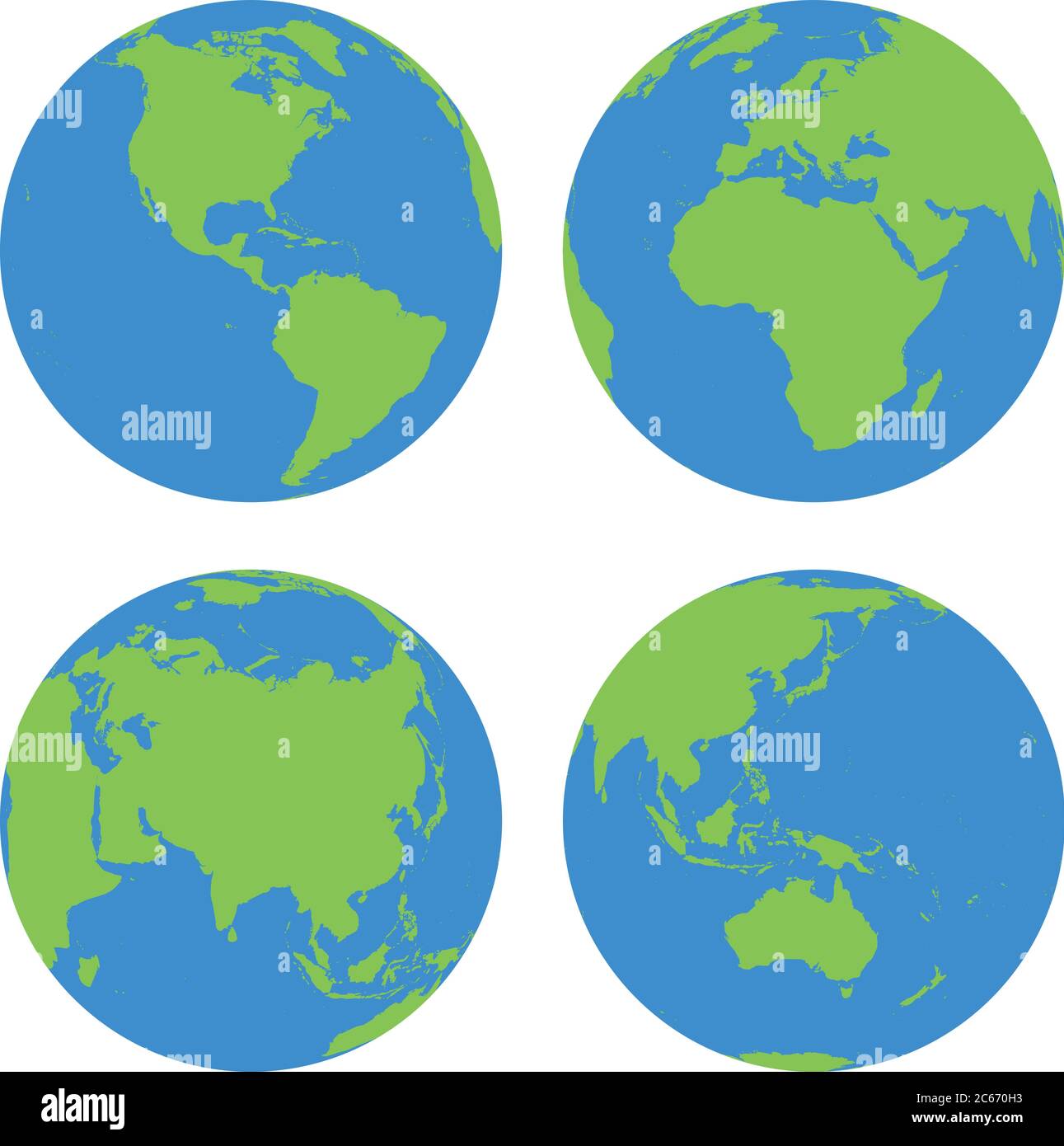 Set von vier Planeten Erde Globen mit grünen Land Silhouette Karte auf blauem Wasser Hintergrund. Einfache flache Vektordarstellung. Stock Vektor