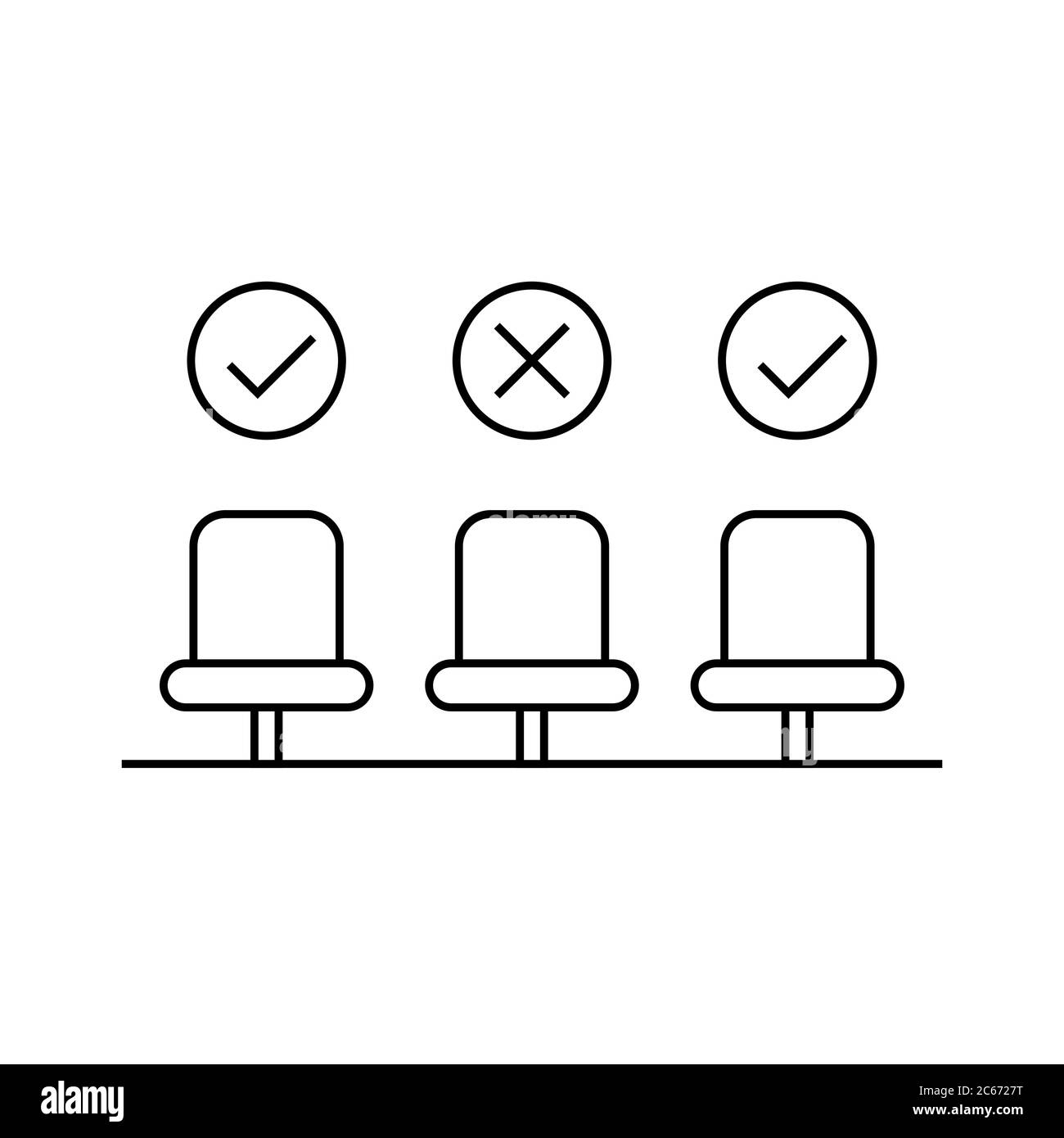 Sozial distanzierende Konzept mit leerem Sitz. Halten Sie einen sicheren Abstand für Coronavirus-Prävention. Stühle mit Häkchen und Kreuzzeichen. Schwarzer Umriss Stock Vektor