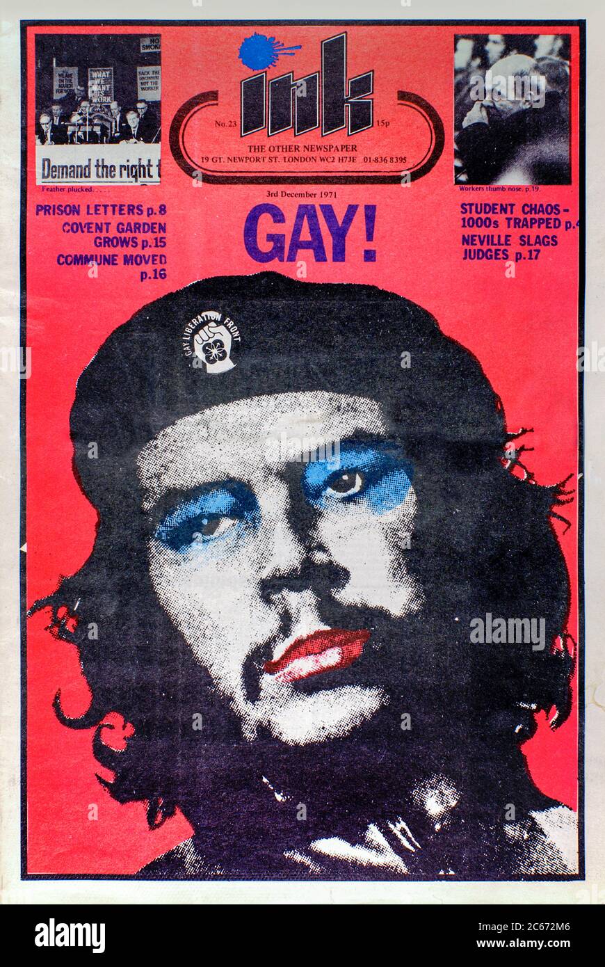 Frontcover von Ink #23 veröffentlicht am 3. Dezember 1971 mit einem Foto von Che Guevara trägt Make-up und ein Gay Liberation Front Abzeichen auf seiner Baskenmütze. Ink Magazine die andere Zeitung war ein Underground im Dienste der Homosexuell Gemeinschaft von Richard Neville im Mai 1971 gegründet. Stockfoto