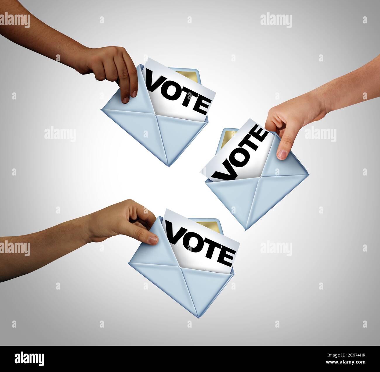 Mail in Abstimmung und Abstimmung mit per Post abgegebene Stimmzettel als Wahlsymbol für verschiedene Personen, die bei einer Wahlpoststation eine Stimmabgabe abgeben. Stockfoto