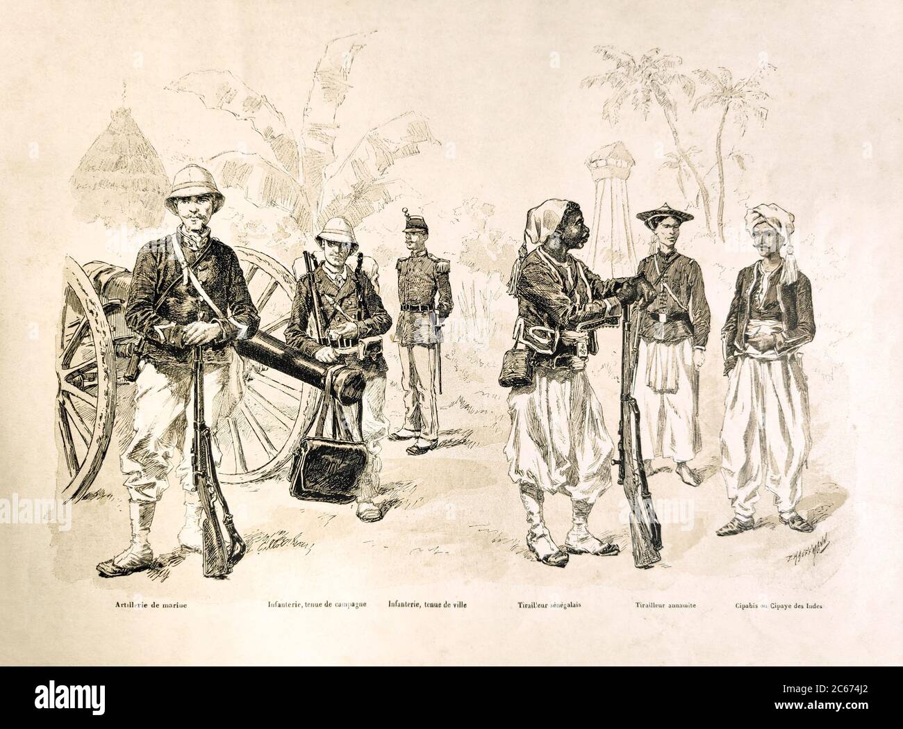 Abbildung der verschiedenen Uniformen der französischen Armee im späten 19. Jahrhundert von P. Kauffmann, veröffentlicht in der Monatszeitschrift "Paris illustrr Stockfoto
