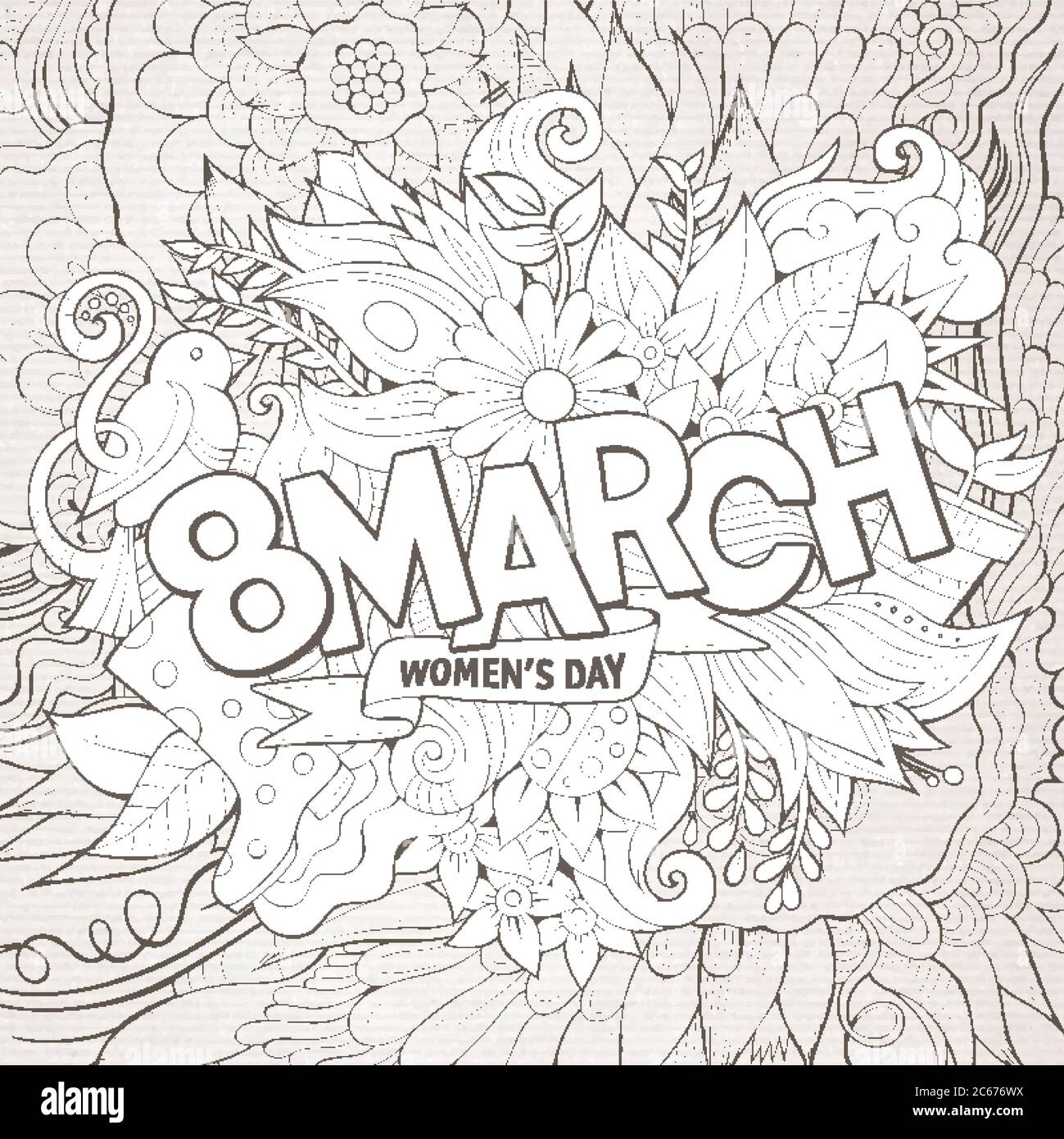 Cartoon niedlichen Kritzeleien Hand gezeichnet 8 März Inschrift. Stock Vektor