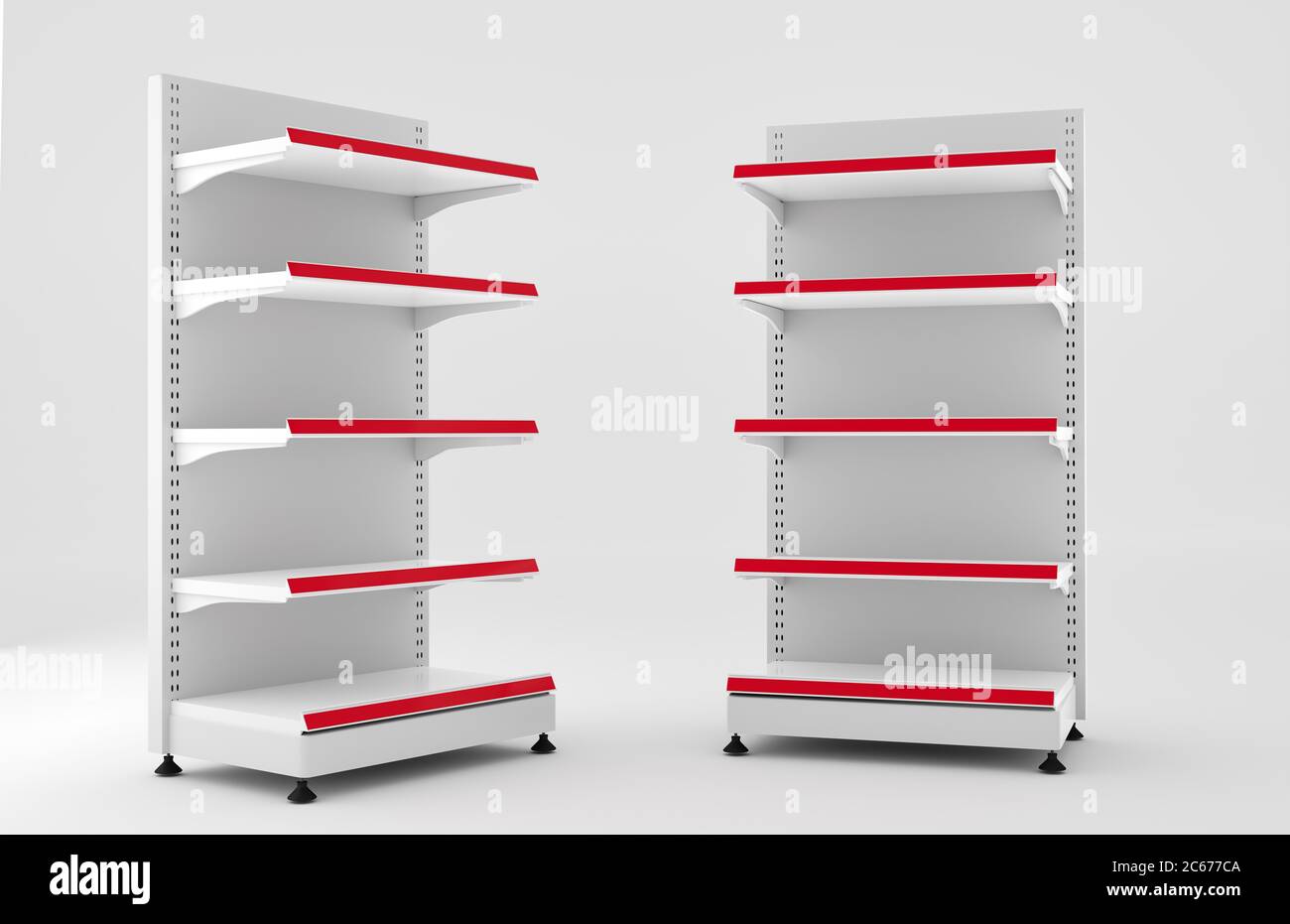 Set von weißen leeren Supermarkt Regale, Einzelhandel Vitrinen. 3d-Rendering. Abbildung von Objekten. Seiten- und Vorderansicht. Vorlage für Design. Stockfoto
