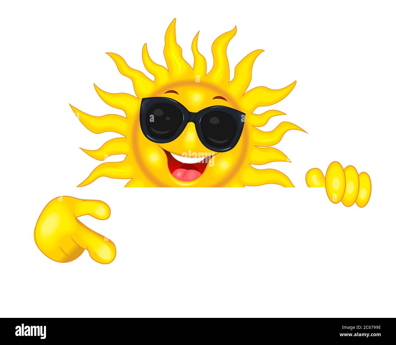Fröhliche Cartoon Sonne in Sonnenbrillen. Die lächelnde Sonne zeigt mit der Hand eine Richtung, lädt ein, achtet darauf. Sonne auf weißem Hintergrund. Stock Vektor
