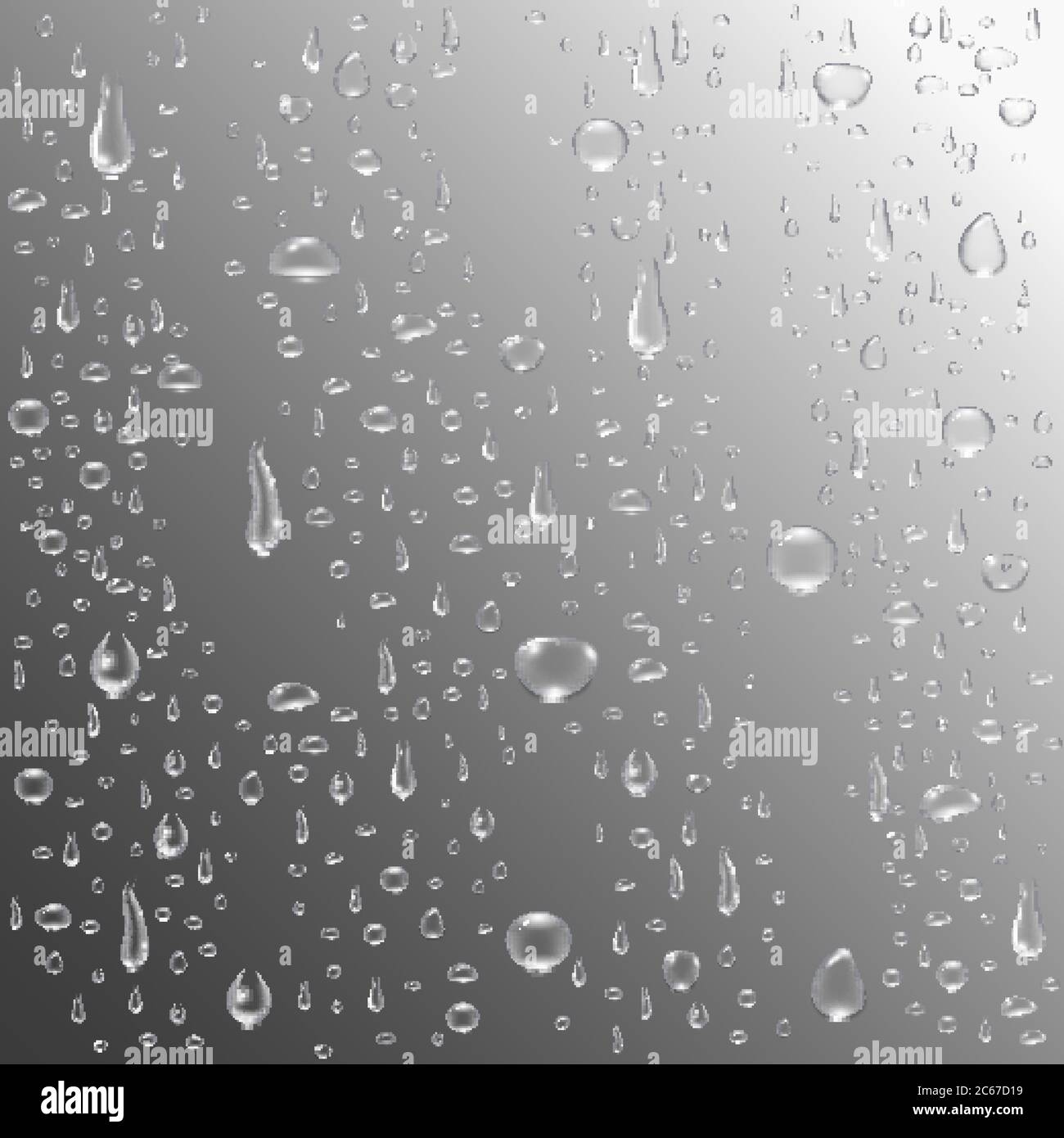 Wasser oder Regen fällt Hintergrund. Realistische Tropfen. Klare Wasserblasen auf dem Fensterglas. Tropfkondensationskonzept. Vektorgrafik. Stock Vektor