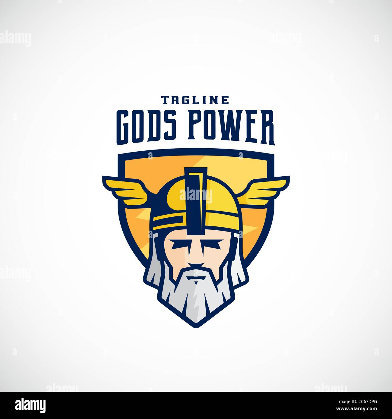 Gods Power Vector Sport Team oder League Logo Template. Odin Gesicht in einem Schild, mit Typografie. Mächtiger Krieger Kopf in Helm Maskottchen. Stock Vektor