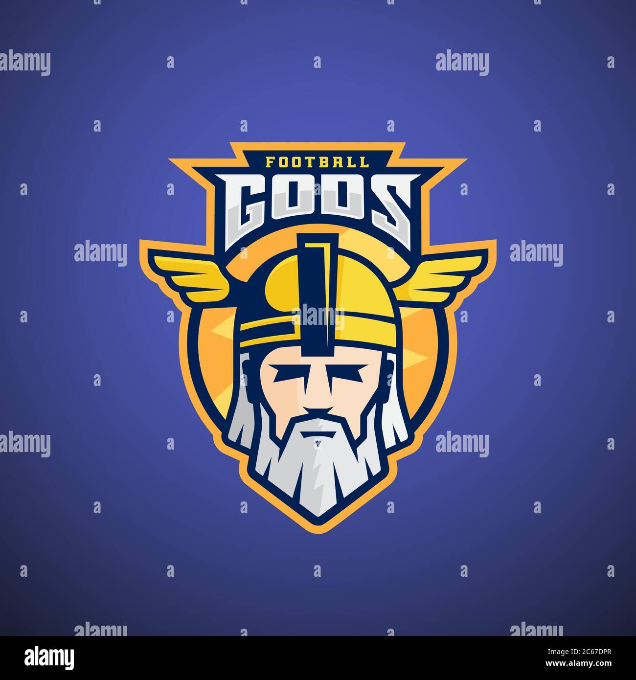 Football Gods Vector Sport Team oder League Logo Template. Odin Gesicht mit Typografie. Mächtiger Krieger Kopf in einem Helm Maskottchen. Stock Vektor