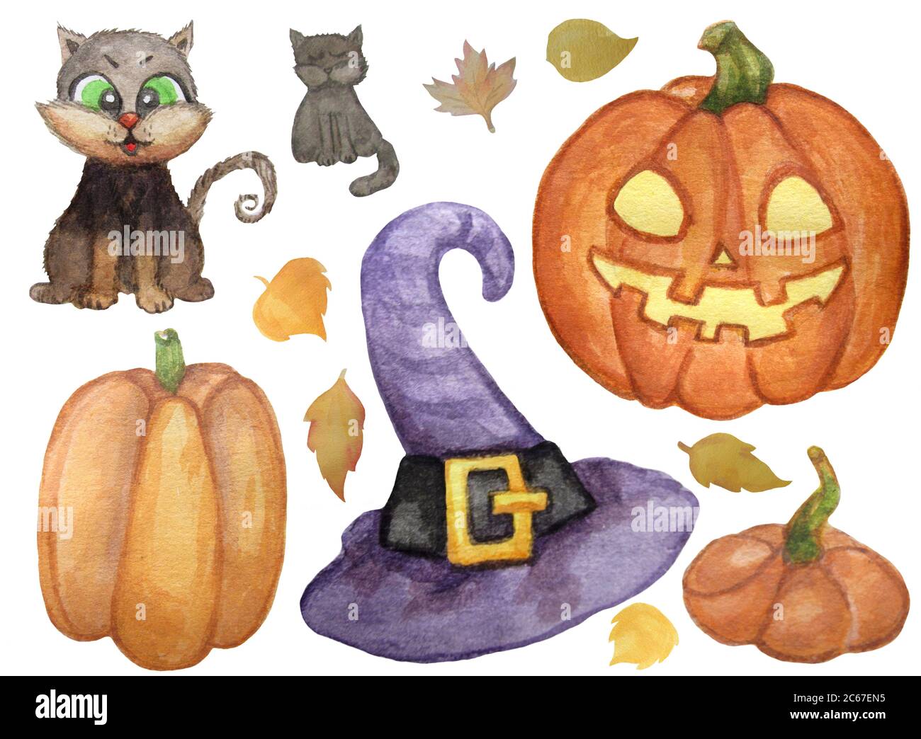 Halloween Urlaub Niedliche Illustrationen Set von Zeichnungen - schwarze Katze, orange Kürbis, lila Hexenhut, Jack Laterne. Aquarell Handzeichnung. Isoliert Stockfoto