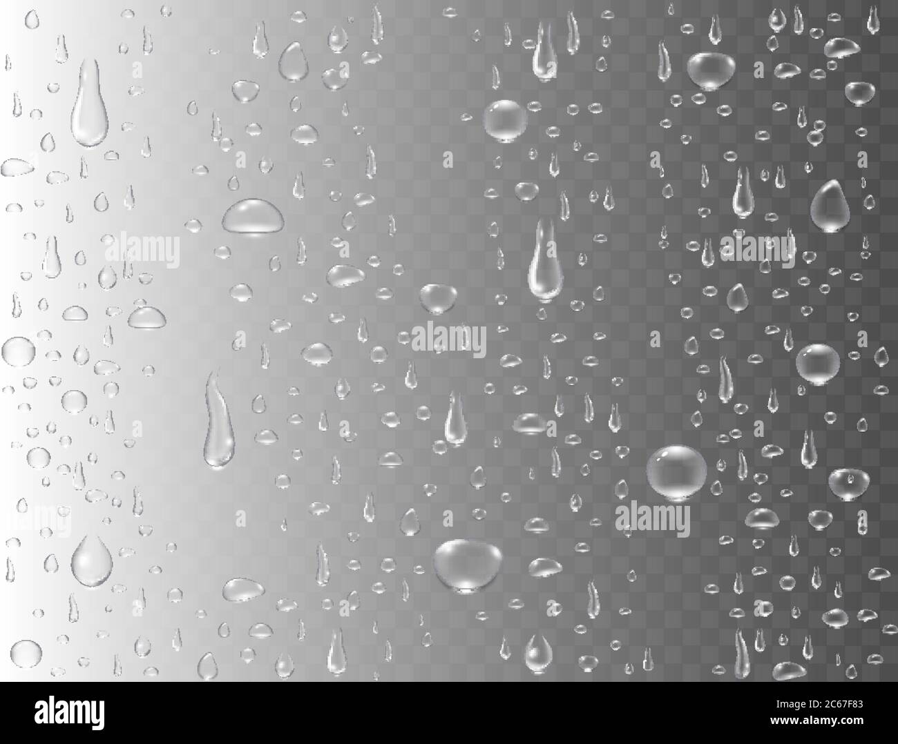 Realistische Wassertropfen auf transparentem Hintergrund. Regentropfen oder Dampfdusche. Verdichtete reine Tröpfchen. Klare Dampfblasen auf der Glasfläche des Fensters. Vec Stock Vektor