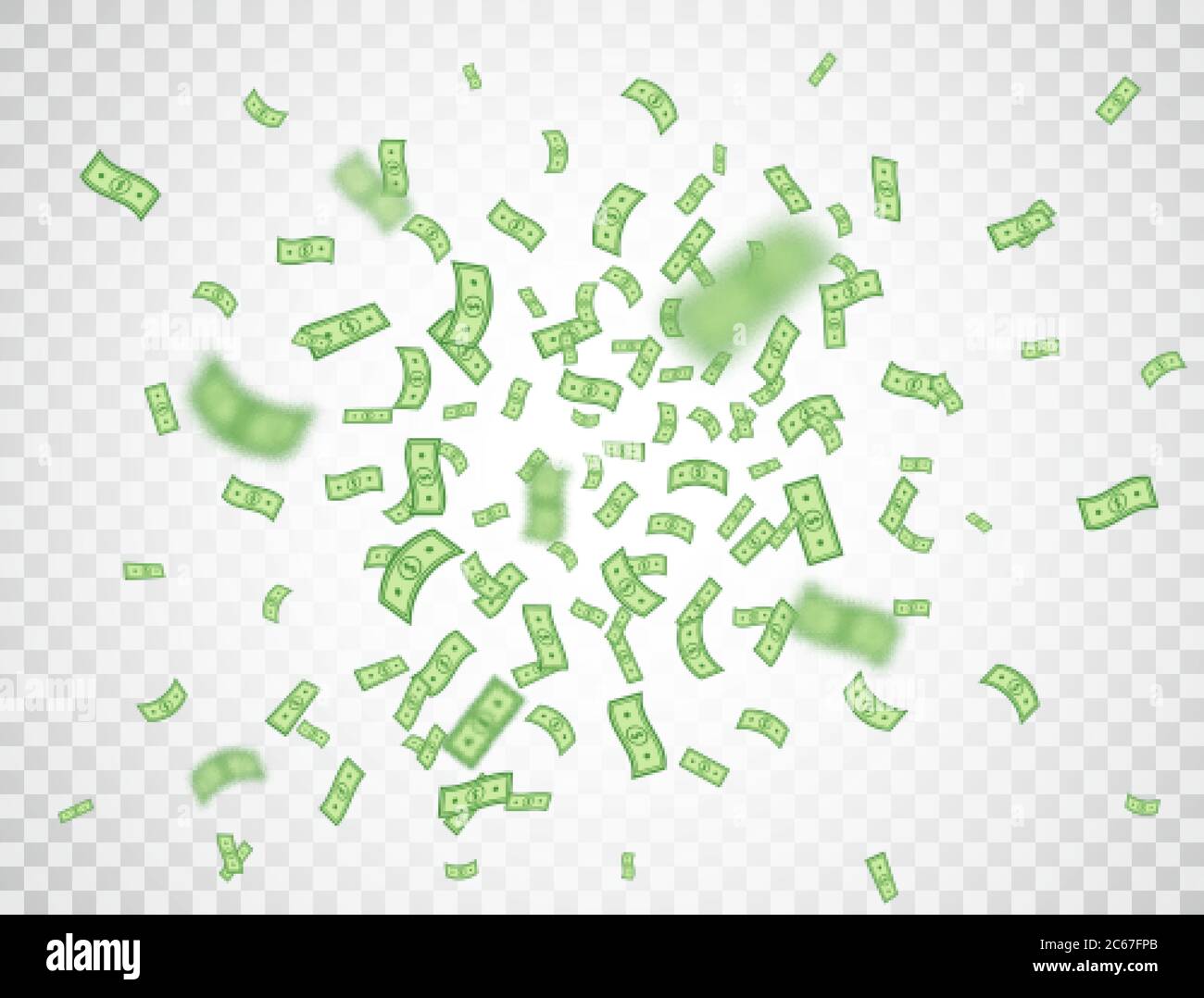 Dollar-Banknoten fallen auf transparenten Hintergrund. Dollar Symbol Explosion. Geld in einem flachen Stil. Cartoon-Cash-Schild. Währungssammlung. Papierbank Stock Vektor