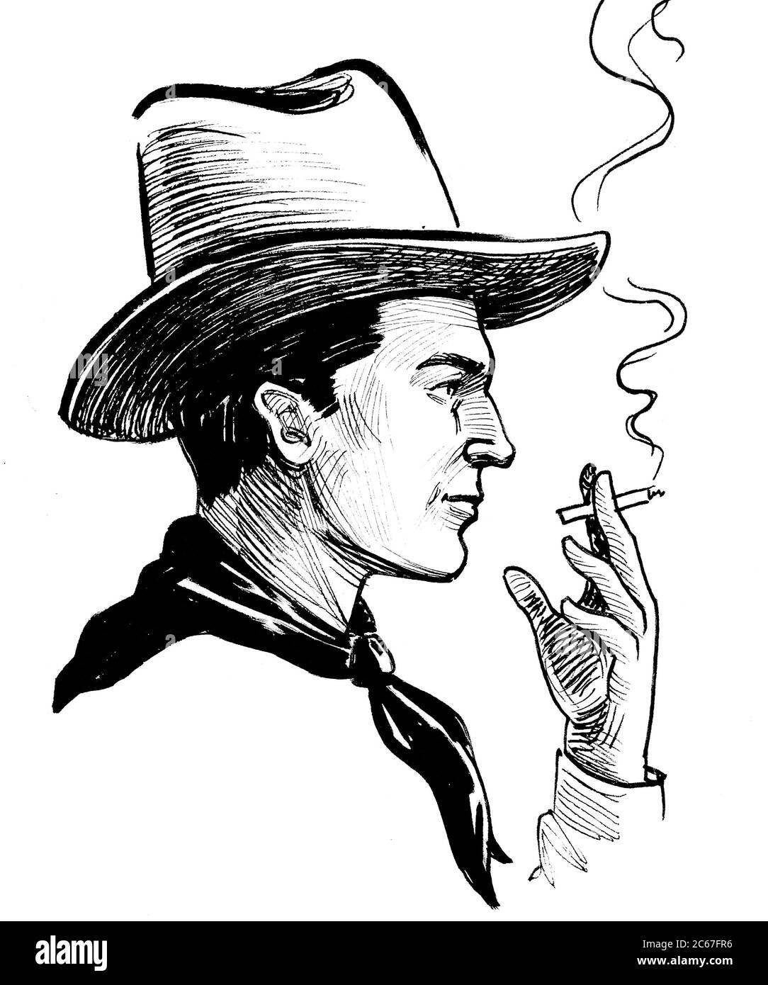 Schöner Cowboy im Hut Rauchen Zigarette Stockfoto