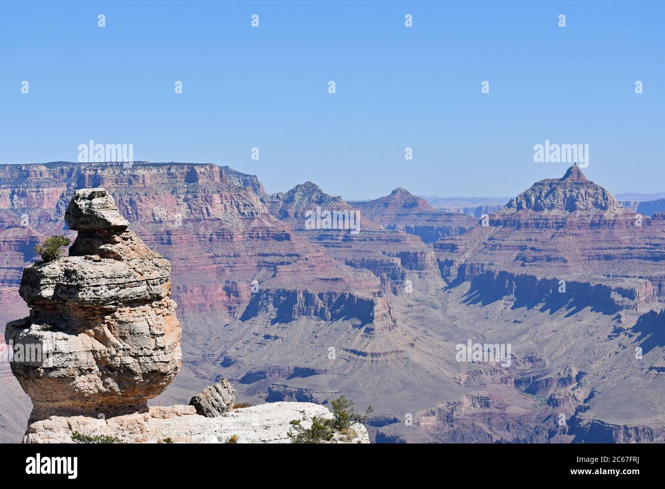 Ein Ausziehsofa entlang Desert View Drive, um die Formation zu sehen: Ente auf einem Felsen. Der Grand Canyon ist im Hintergrund zu sehen. Blauer Himmel und roter Fels Stockfoto
