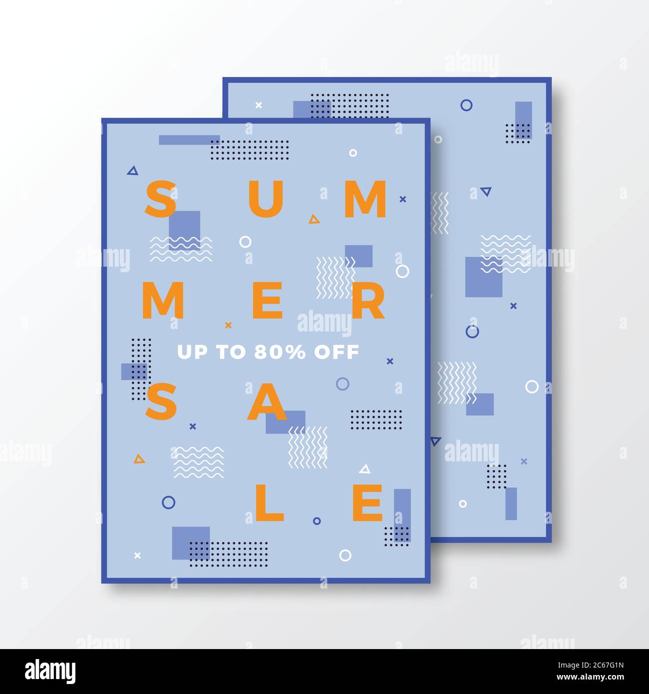 Sommer-Angebot Poster, Karte oder Flyer Vorlage. Moderne abstrakte flache Schweizer Stil Hintergrund mit dekorativen Elementen und Minimal Typografie. Orange, Blau Stock Vektor