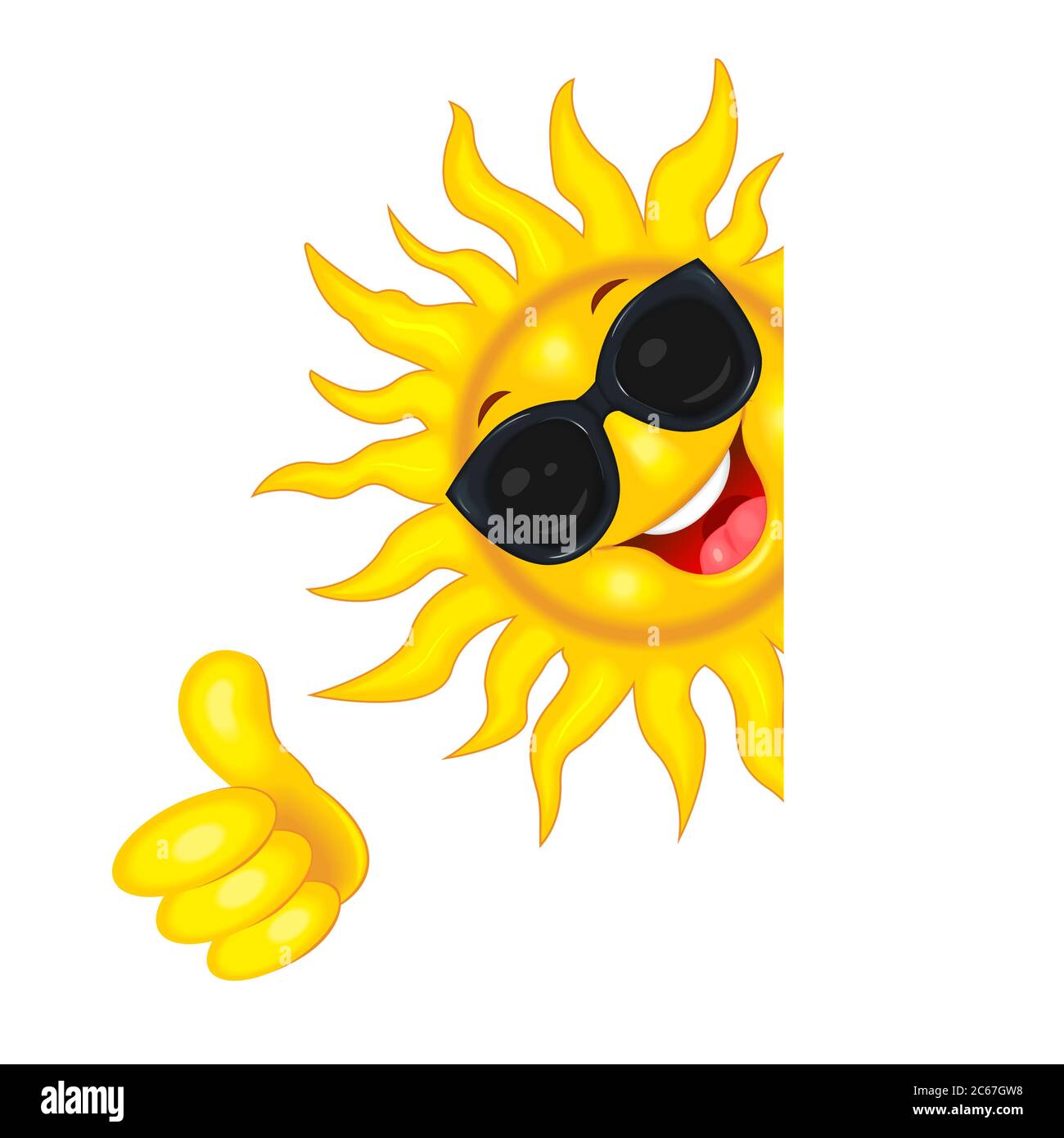 Fröhliche Cartoon Sonne in Sonnenbrillen. Sonne auf weißem Hintergrund. Die Sonne freut sich über Glück. Stock Vektor
