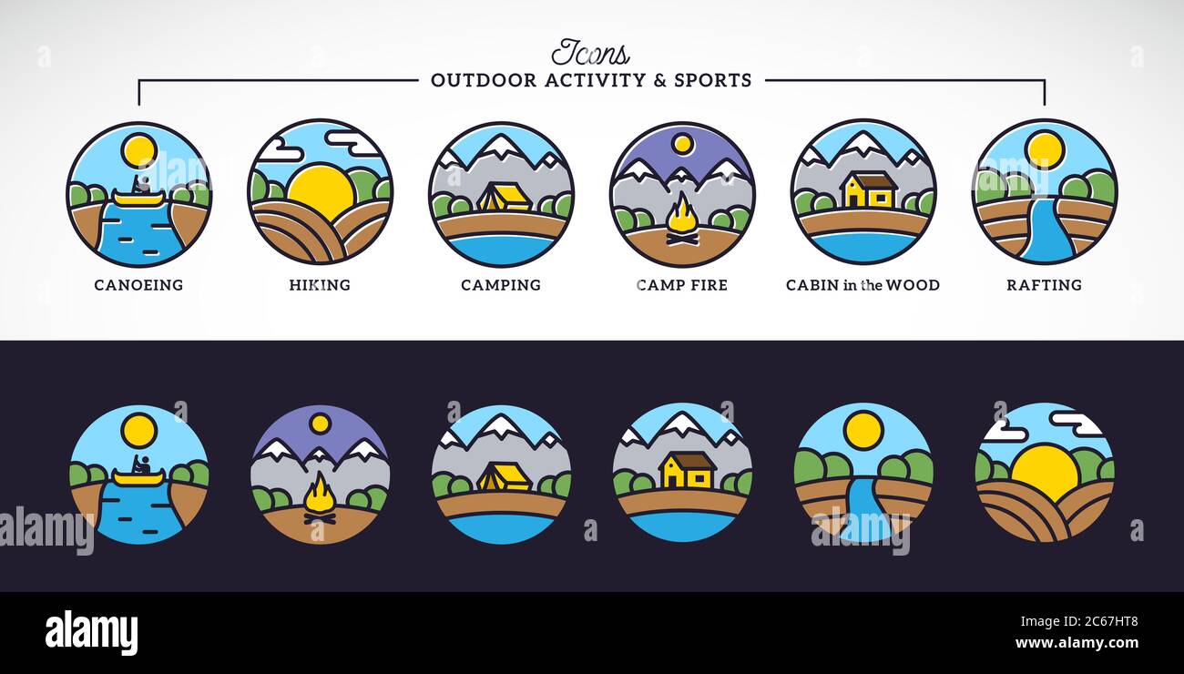 Outdoor-Aktivitäten und Sport Line Style Vektor-Icons mit Typografie. Stock Vektor