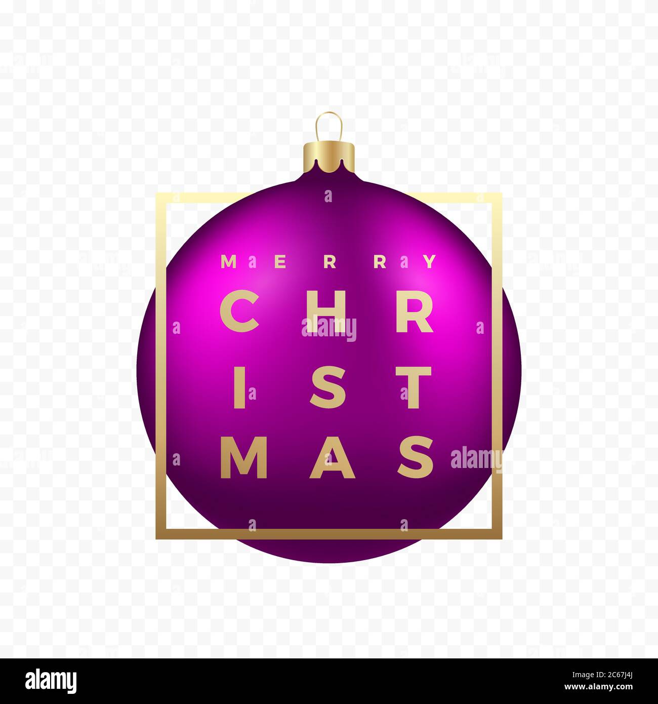 Aufkleber oder Banner für Weihnachtsgrüße. Vektor realistische Lila Kugel auf transparentem Hintergrund mit Golden Modern Typografie in einem Rahmen. Stock Vektor