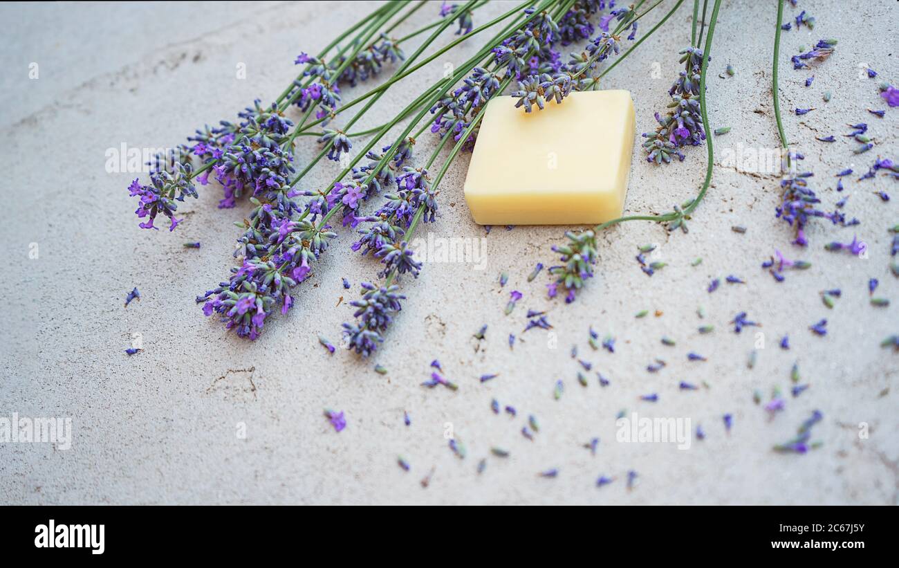 Lavendelblüten und natürliche Seife für die Körperpflege auf konkreten Hintergrund. Flach, Ansicht von oben. Kopieren Sie Platz. Stockfoto
