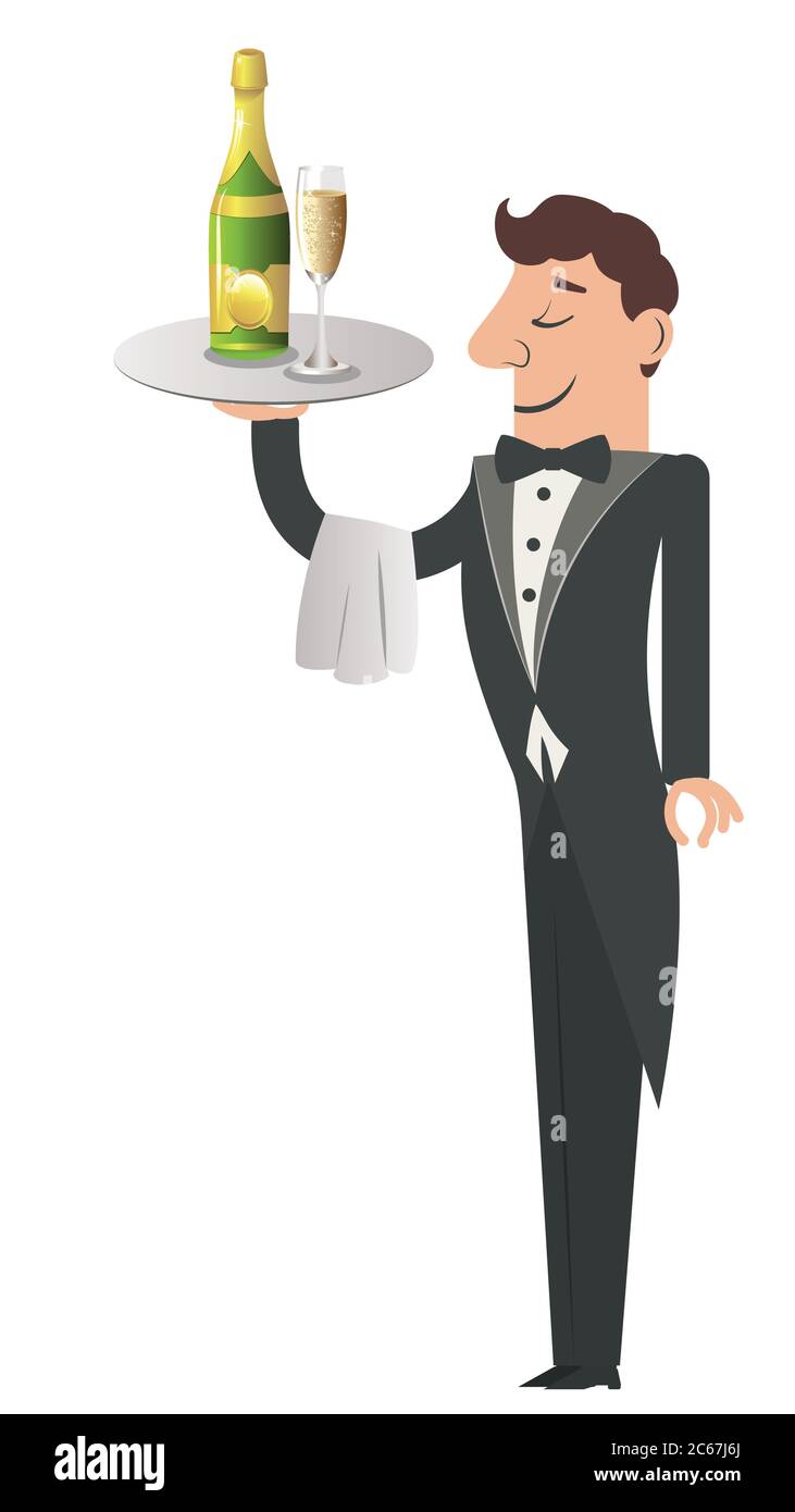 Cartoon Diener mit Flasche und Glas Champagner auf Tablett Stock Vektor