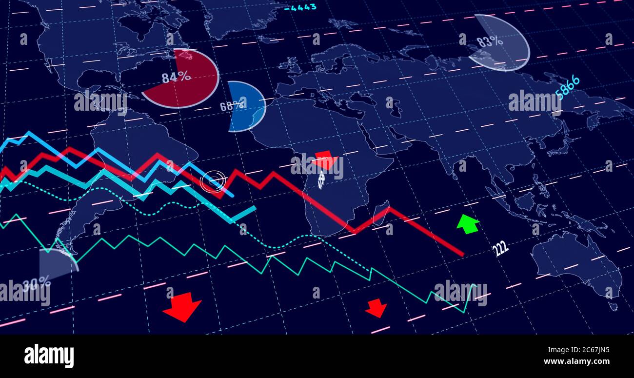 Diagramm zur globalen Krise. Grafik auf Weltkarte Hintergrund 3d-Illustration. Stagnation der Geschäfte, Baisse, Börse, finanzieller Verlust, Wirtschaft Stockfoto