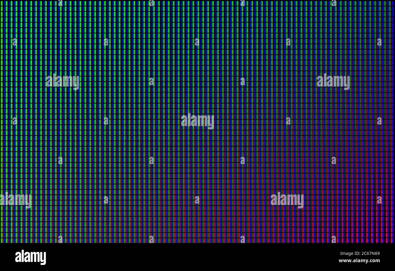 LED Wand-Bildschirm mit grünen, blauen und roten Punktleuchten auf schwarzem Hintergrund. Vektorhintergrund mit Rastermuster von Pixeln für LED-Anzeige. Digitalpanel mit Netz aus Diodenlampen Stock Vektor