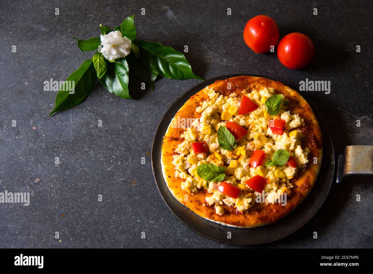 Indische Pizza mit Hüttenkäse, Tomaten auf schwarzem Hintergrund und einer Blume mit Blättern in der Ferne. Verwendung von selektivem Fokus. Stockfoto