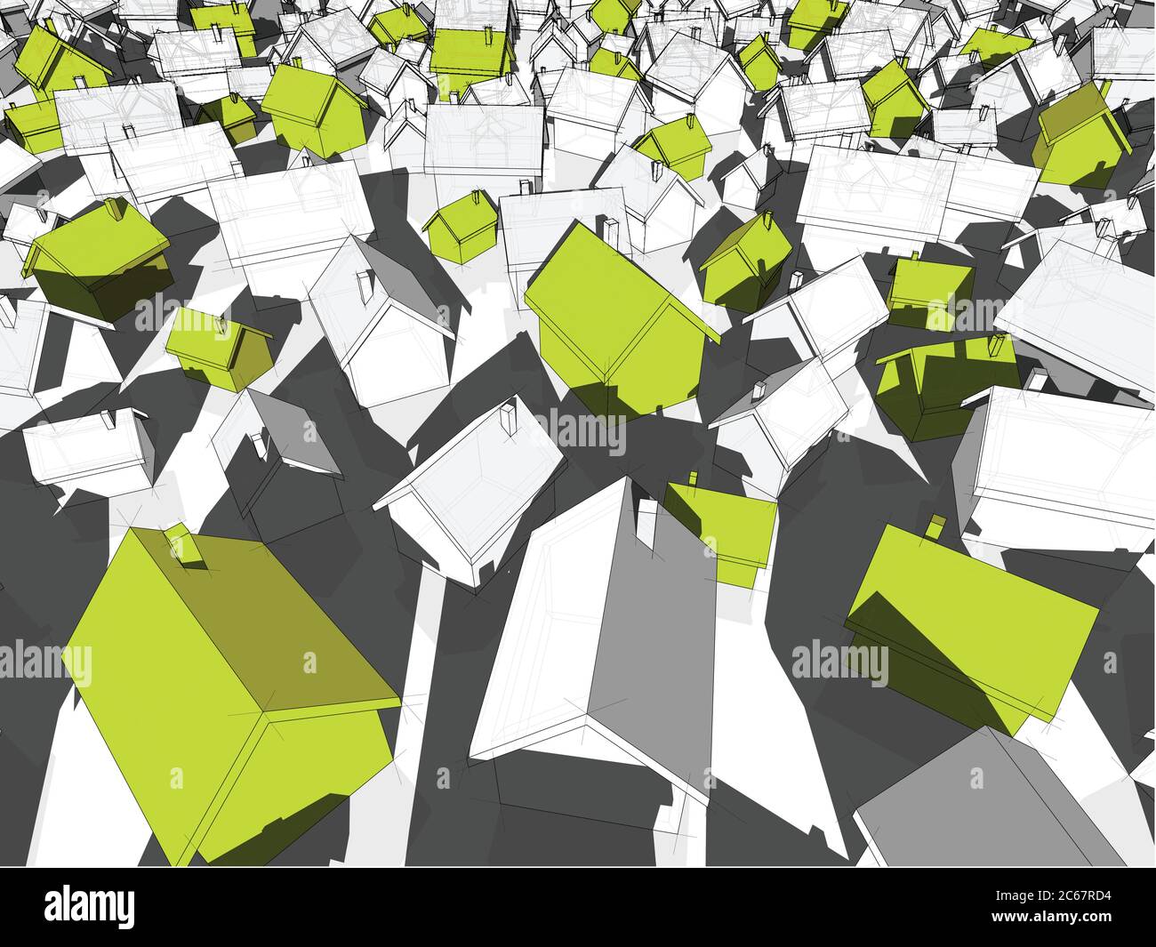 3d-Illustration von vielen chaotisch stehenden einfachen Einfamilienhäusern in verschiedenen Größen mit Schatten und grünen Öko-Häusern, die sich von anderen abhoben Stock Vektor