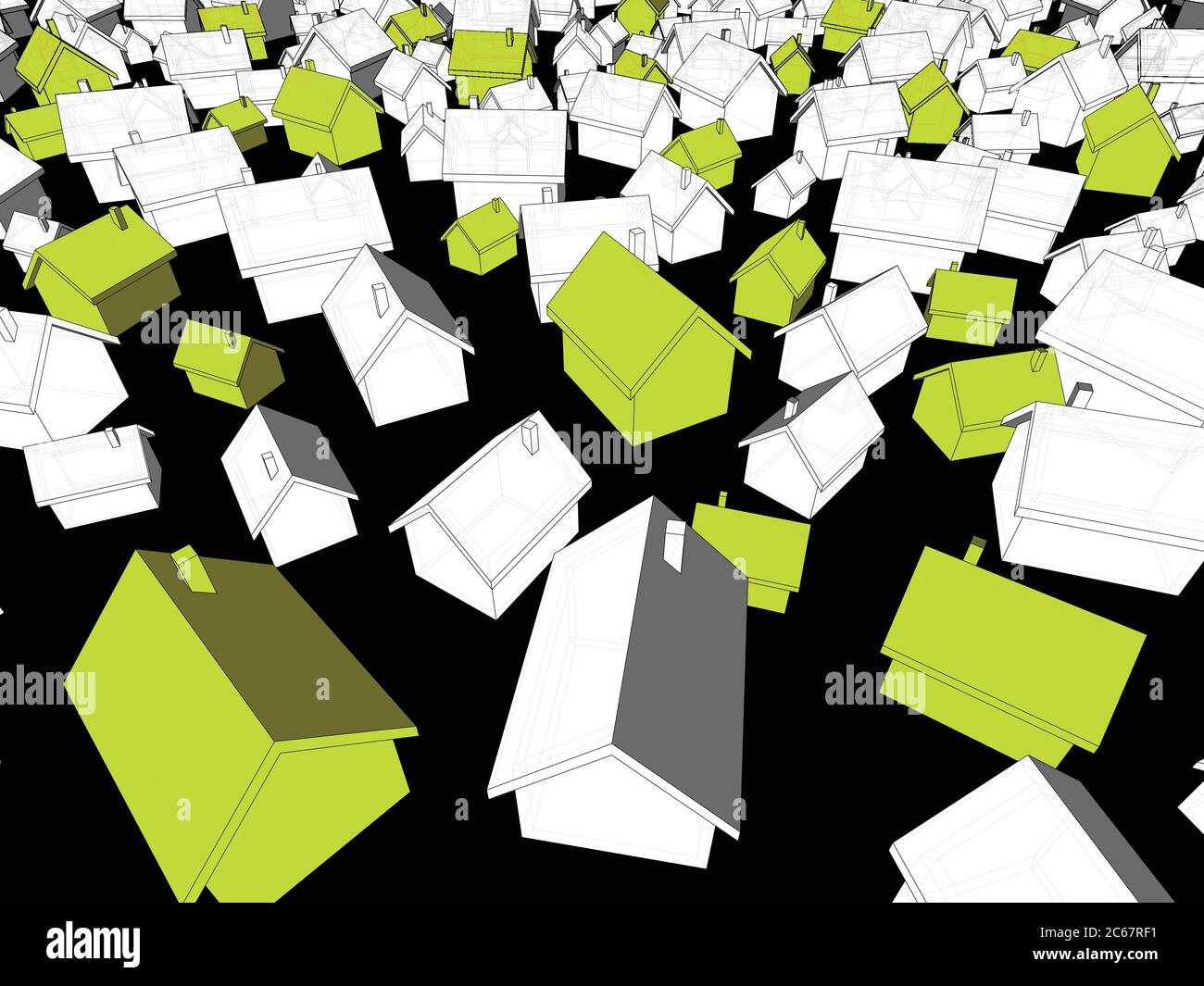 3d-Illustration von vielen chaotisch stehenden einfachen Einfamilienhäusern in verschiedenen Größen mit Schatten und grünen Öko-Häusern, die sich von anderen abhoben Stock Vektor