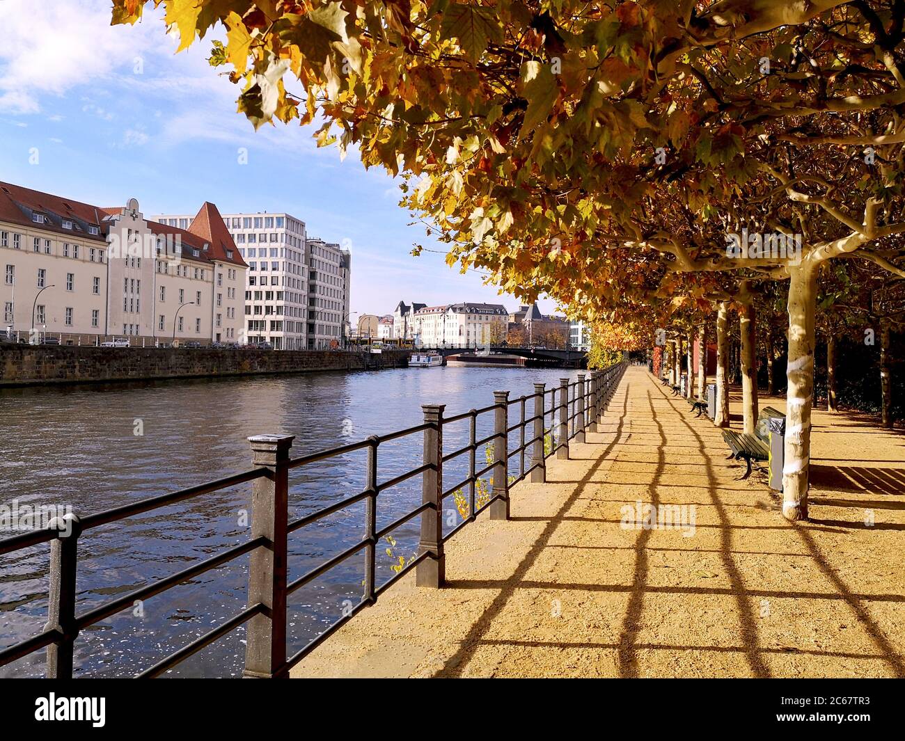 Promenade mit Metallgeländer, Holzbänke und Laubhalle mit herbstlich leuchtenden gelben und orangen Blättern am ruhigen Wasser des Landwehrkanals. Stockfoto