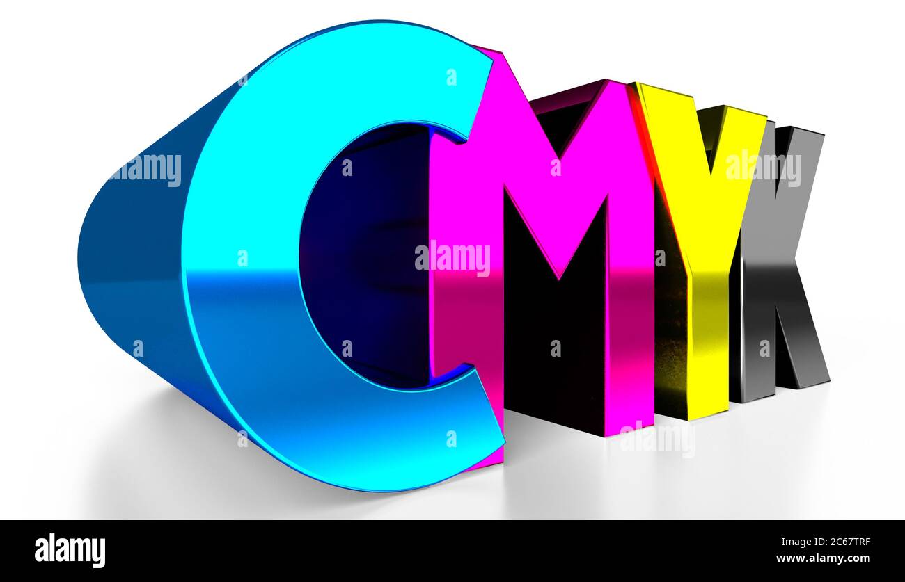 Typografisches CMYK-Konzept - Cyan, Magenta, Gelb, Schwarz - 3D-Illustration Stockfoto