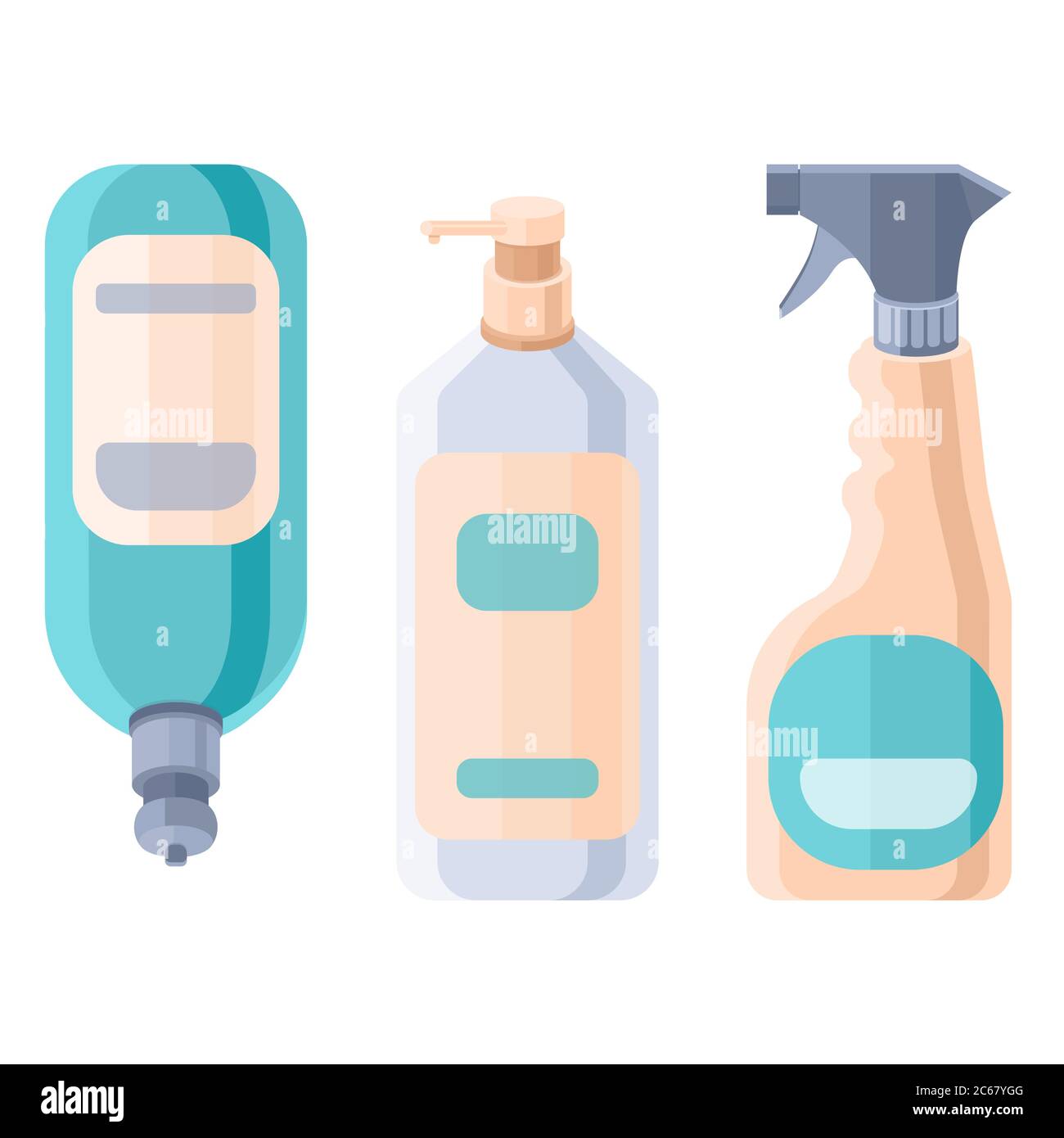 Aufkleber Set desinfizieren Flaschen auf weißem isolierten Hintergrund. Antiseptische Spray Mockup für Hygiene-Förderung, medizinische Poster. Haushaltswarenladen oder Krieg Stock Vektor