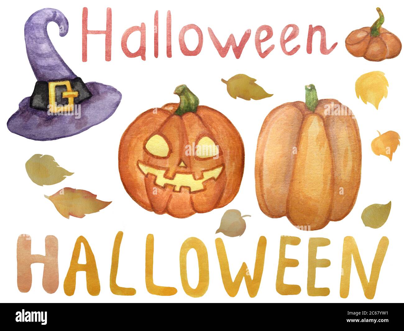 Halloween-Urlaub. Niedliche Aquarell-Illustrationen Set von Zeichnungen - orange Kürbis, lila Hexenhut, Jack Taschenlampe und Text-Schriftzug. Von Hand gezeichnet Stockfoto
