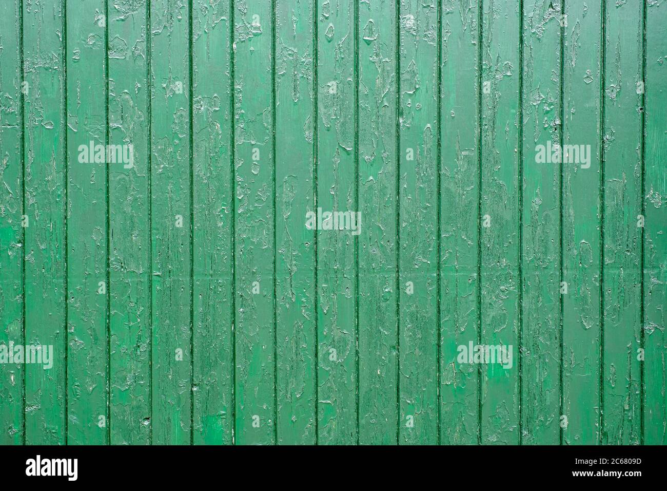 Grüne Farbe alten Holz verwitterten Scheune Board mit vertikalen Planken mit geschälten Farbe bedeckt Stockfoto